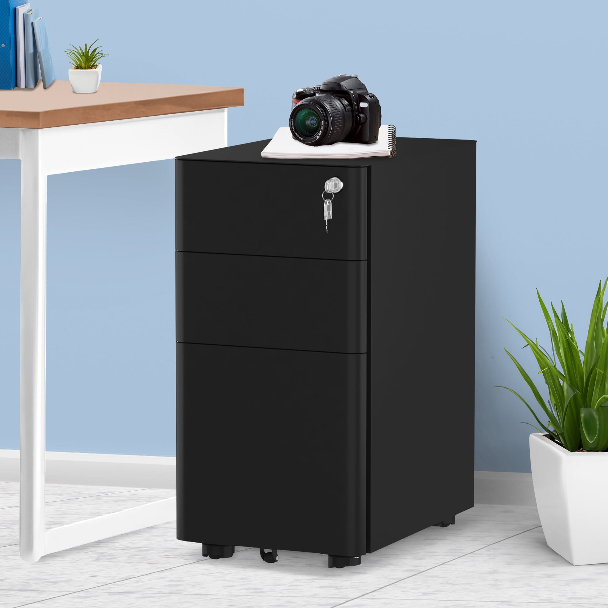 Dextrus 3-Drawer Compact Portable Metal Office Filing Cabinet, Black, 25 in