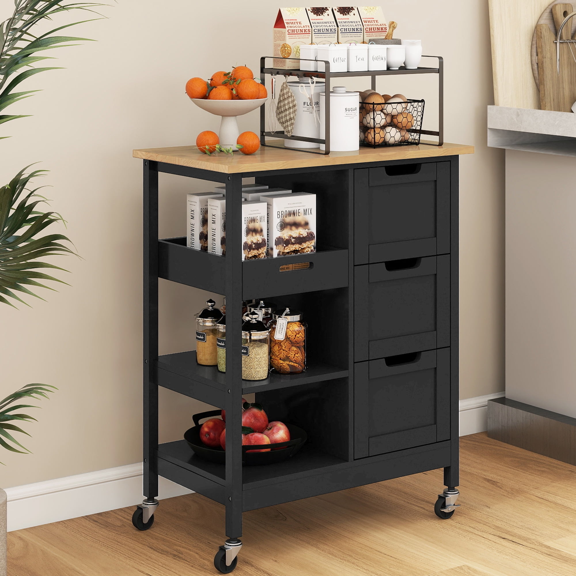 Dextrus 3 Tier Kitchen Storage Cart with Drawers, 26.4"L Rolling Kitchen Island with Shelves, Black