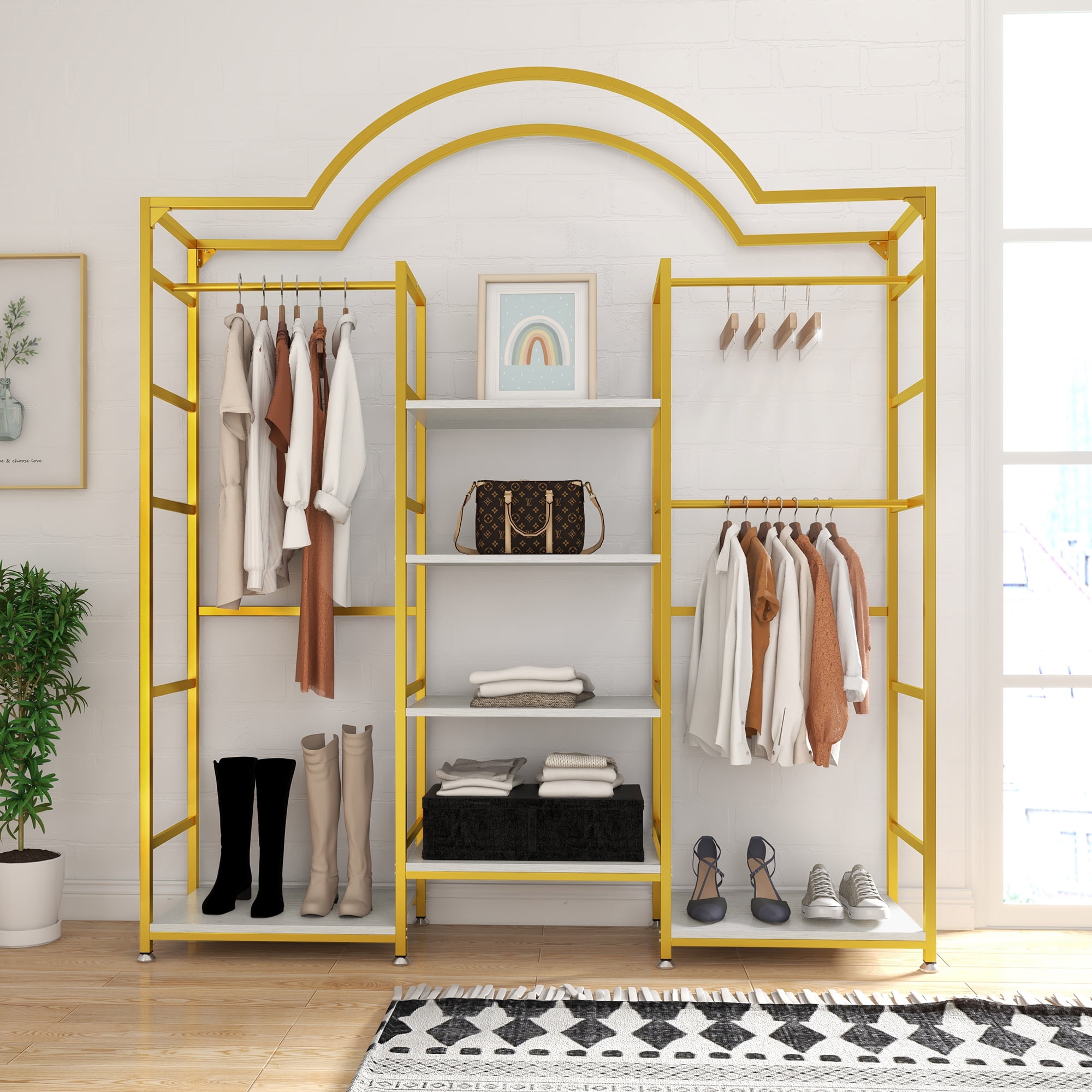 Dextrus 4 Tiers Closet System, Heavy Duty Clothes Rack Clothing Racks for Hanging Clothes, Garment Rack with 6 Shelves & 3 Hang Rods