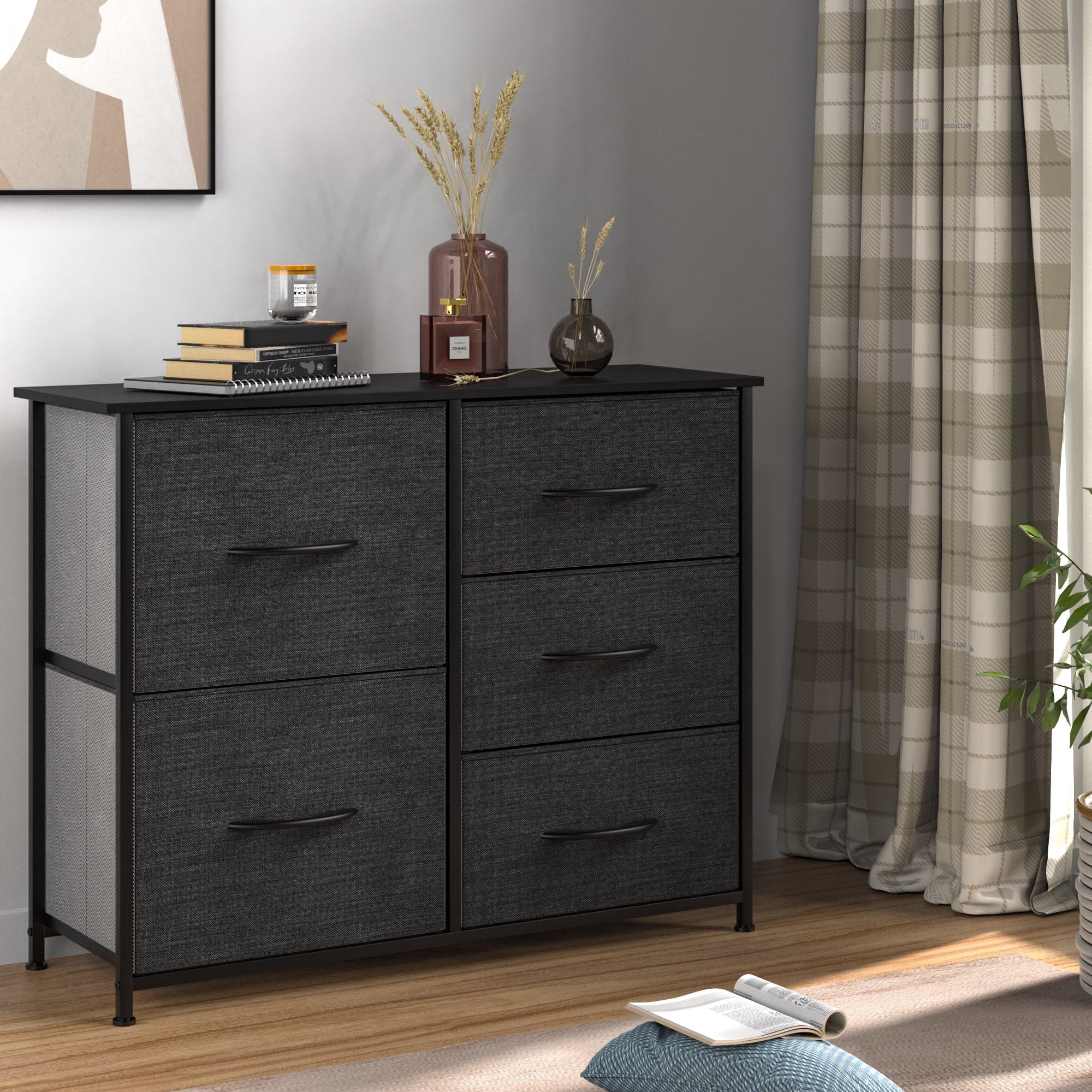 DEXTRUS 5-Drawer Fabric Dresser for Adults, Black & Grey Storage Organizer with Wood Top for Hallway