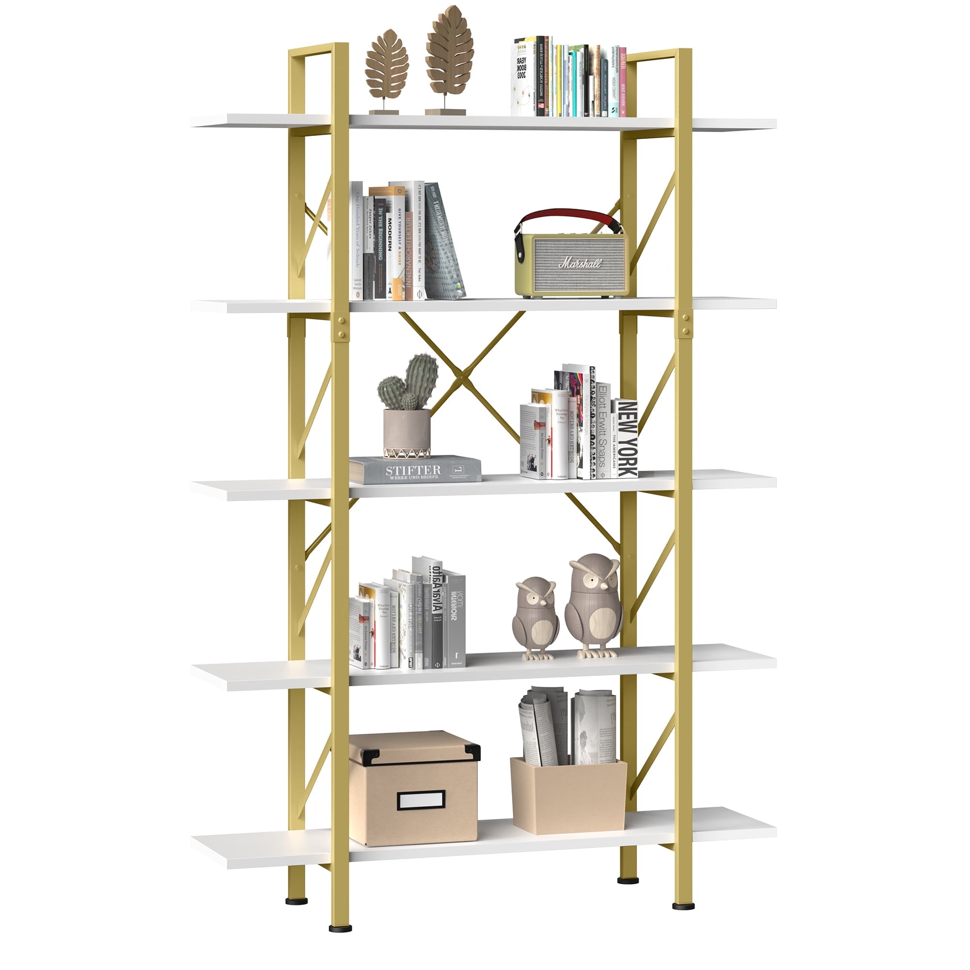 Dextrus 5-Tier Book Shelves and Bookcase, Steel Freestanding Open Display Storage Bookshelf Organizer for Home Office, Gold & White