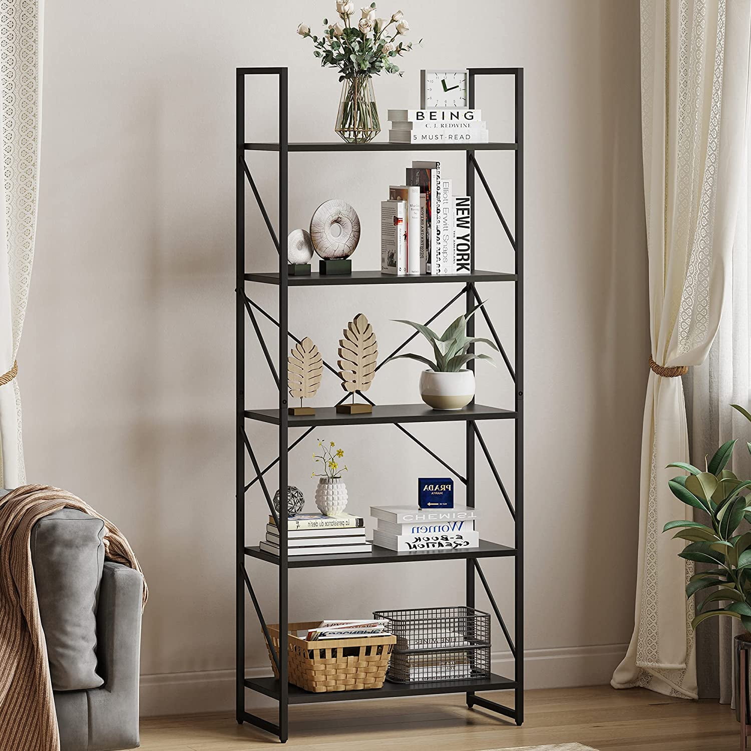 Dextrus 5-Tier Ladder Bookshelf, 65" Industrial Bookcase with Storage Shelves for Bedroom, Living Room, Office – Black