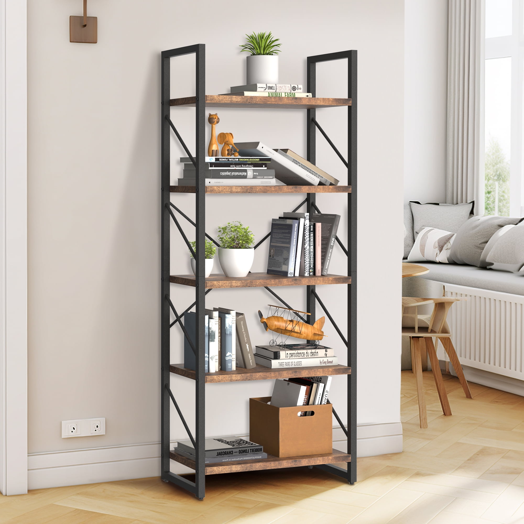 Dextrus 5-Tier Bookshelf Sturdy Wood Storage Bookcase Shelves with Metal Frame Plant Display for Living Room Office, Rustic Brown
