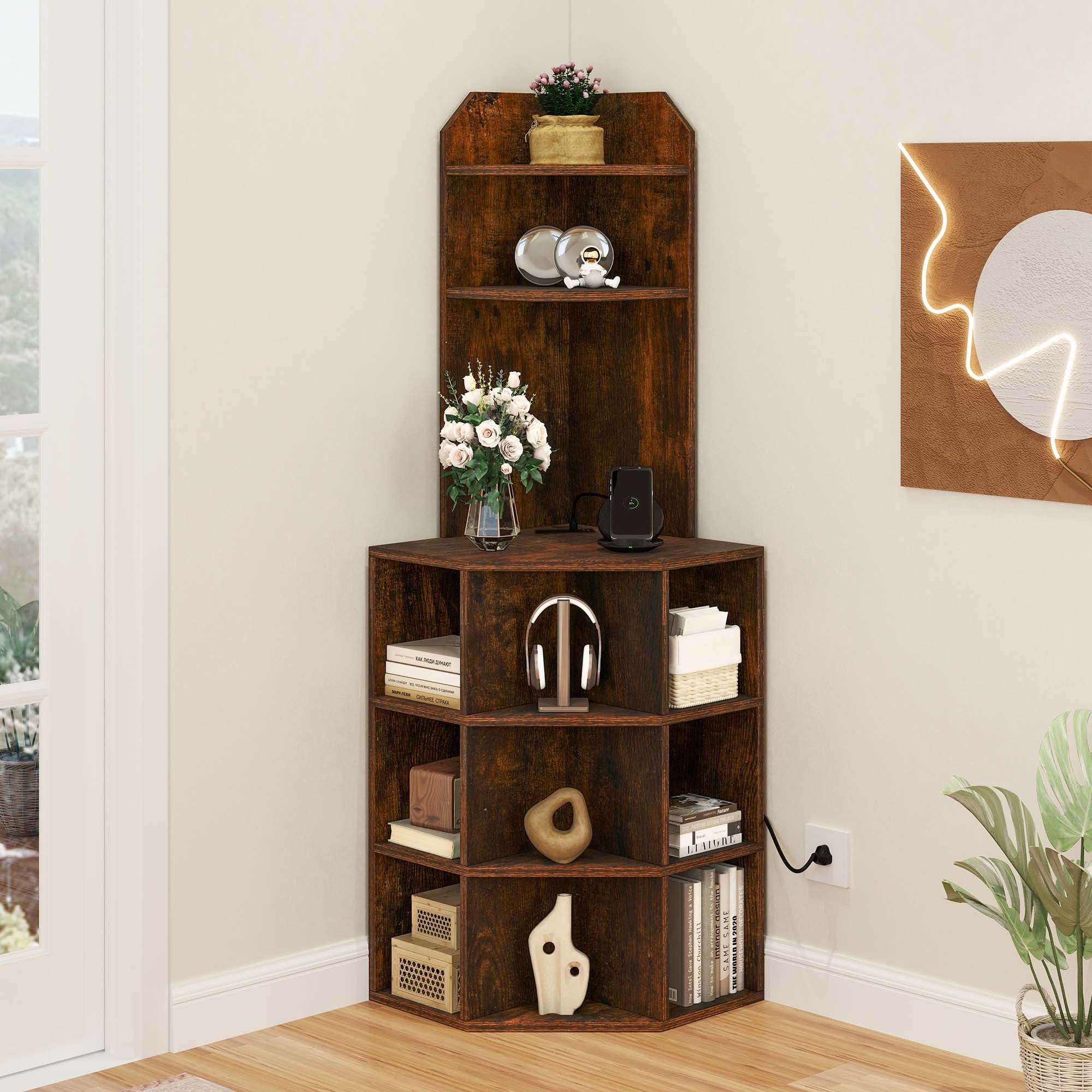 Dextrus 5-Tier Corner Shelf with USB Ports and Outlets, Corner Bookshelf Bookcase Display Shelves Rack Storage Corner Bar Cabinet for Living Room, Home Office, Kitchen, Brown