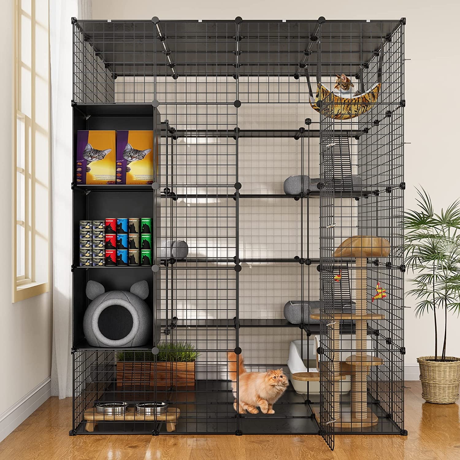 Dextrus 5-Tier Metal Cat Cage with Cube Storage,DIY Indoor Catio Enclosure Spacious Cat Playpen with Hammock, Ideal for 1-5 Cats