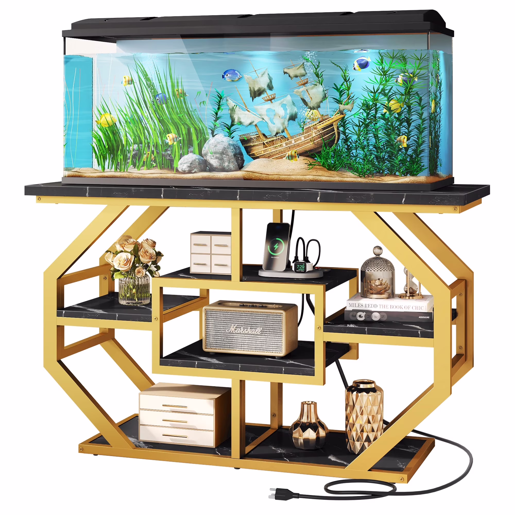 Dextrus 55-75 Gallon Aquarium Stand with Power Outlets, Cabinet for Fish Tank Accessories Storage - Heavy Duty Metal Fish Tank Stand, 865LBS Capacity, Black & Gold