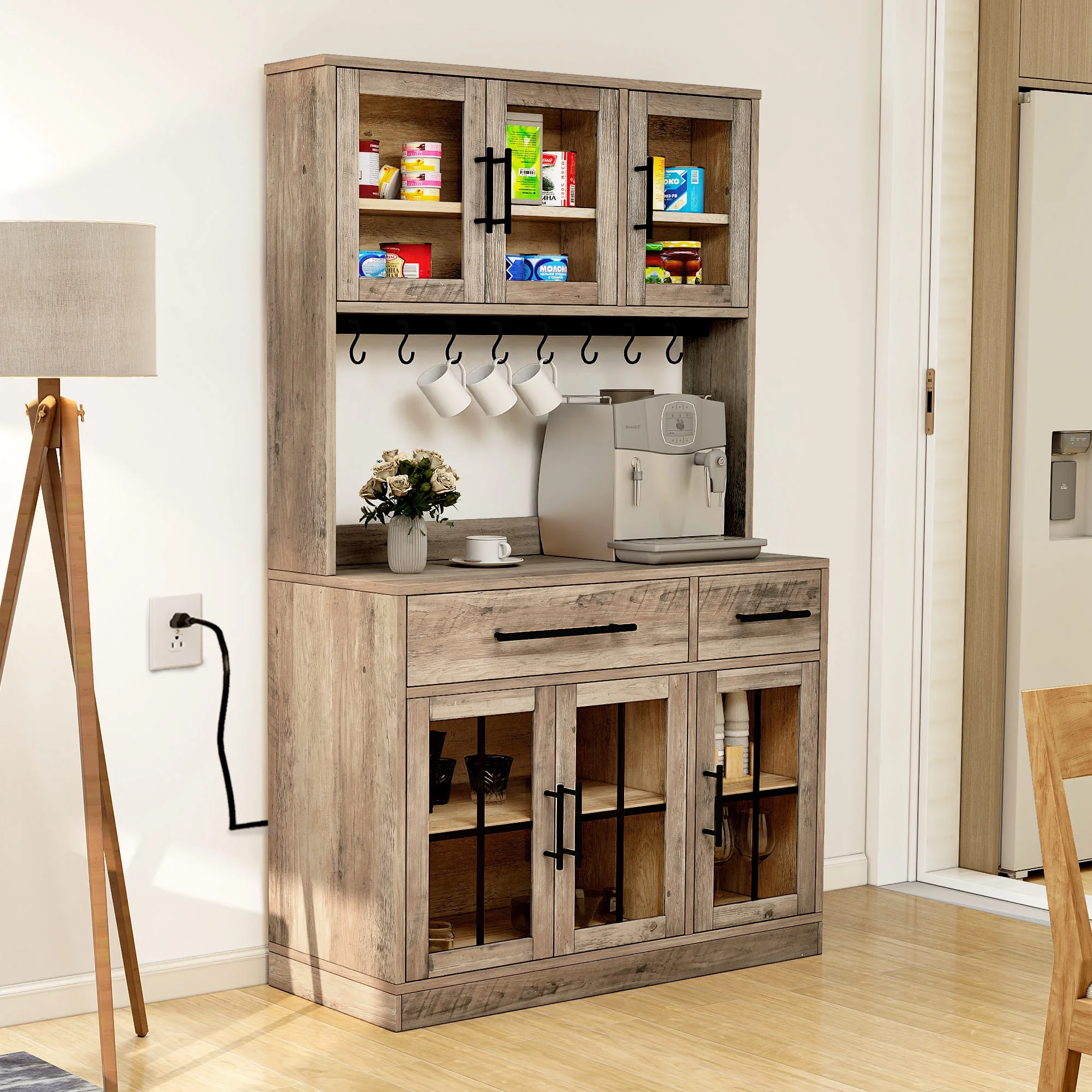 DEXTRUS 71" Kitchen Pantry Cabinet with Doors & Power Outlet, Freestanding Storage Hutch Cabinet with 2 Drawers, Brown