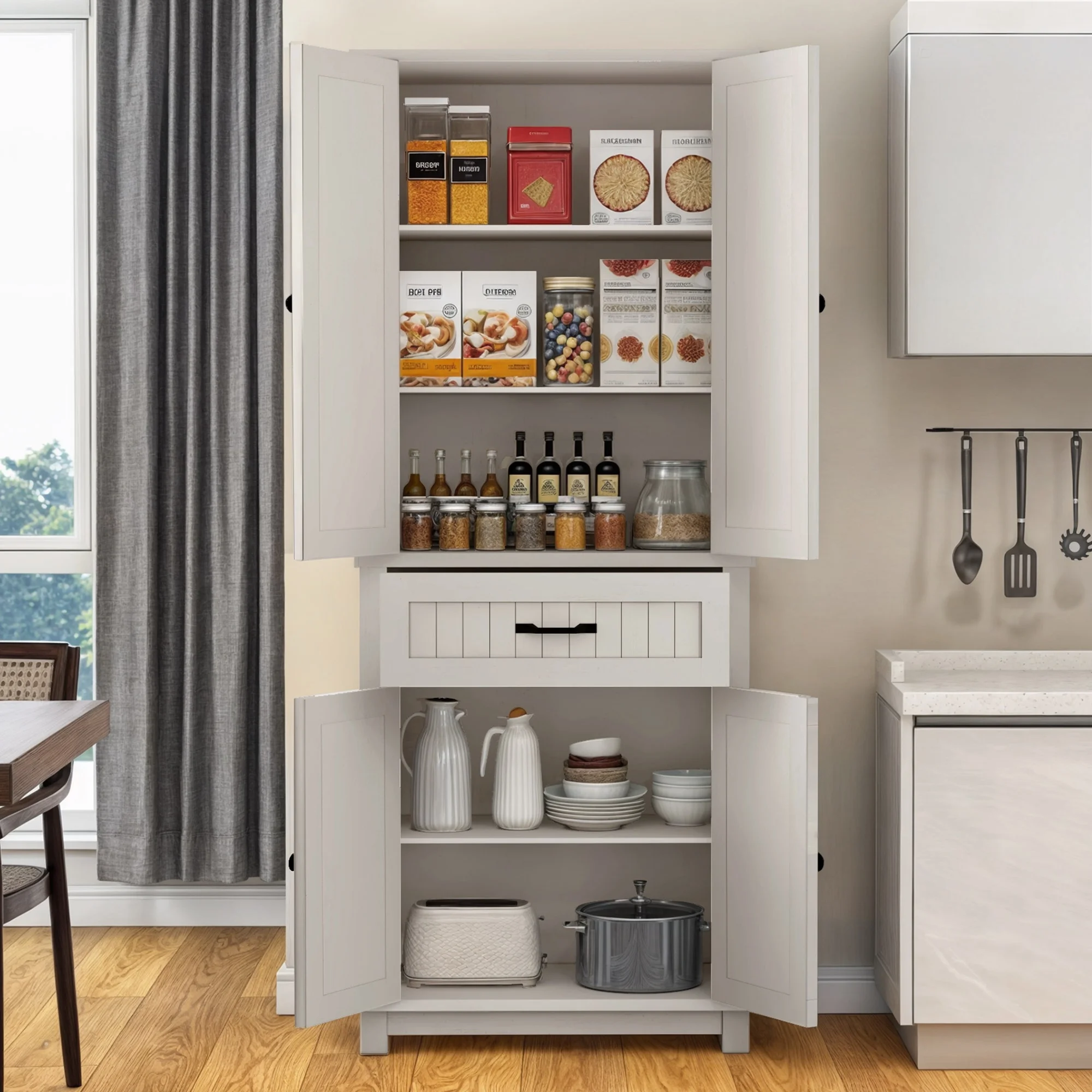 Dextrus 72.6" Kitchen Pantry Storage Cabinet with Doors and Adjustable Shelves, Storage Cabinet with Drawer for Kitchen, Dining Room, Living Room, Oak White