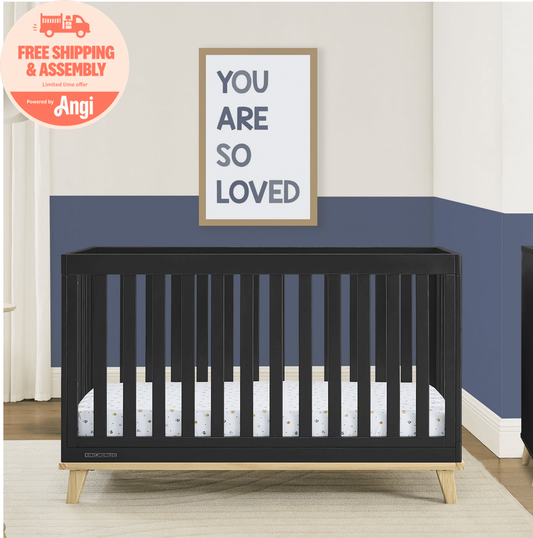 Delta Children Frankie 4-in-1 Convertible Crib - Greenguard Gold Certified, Black with Natural