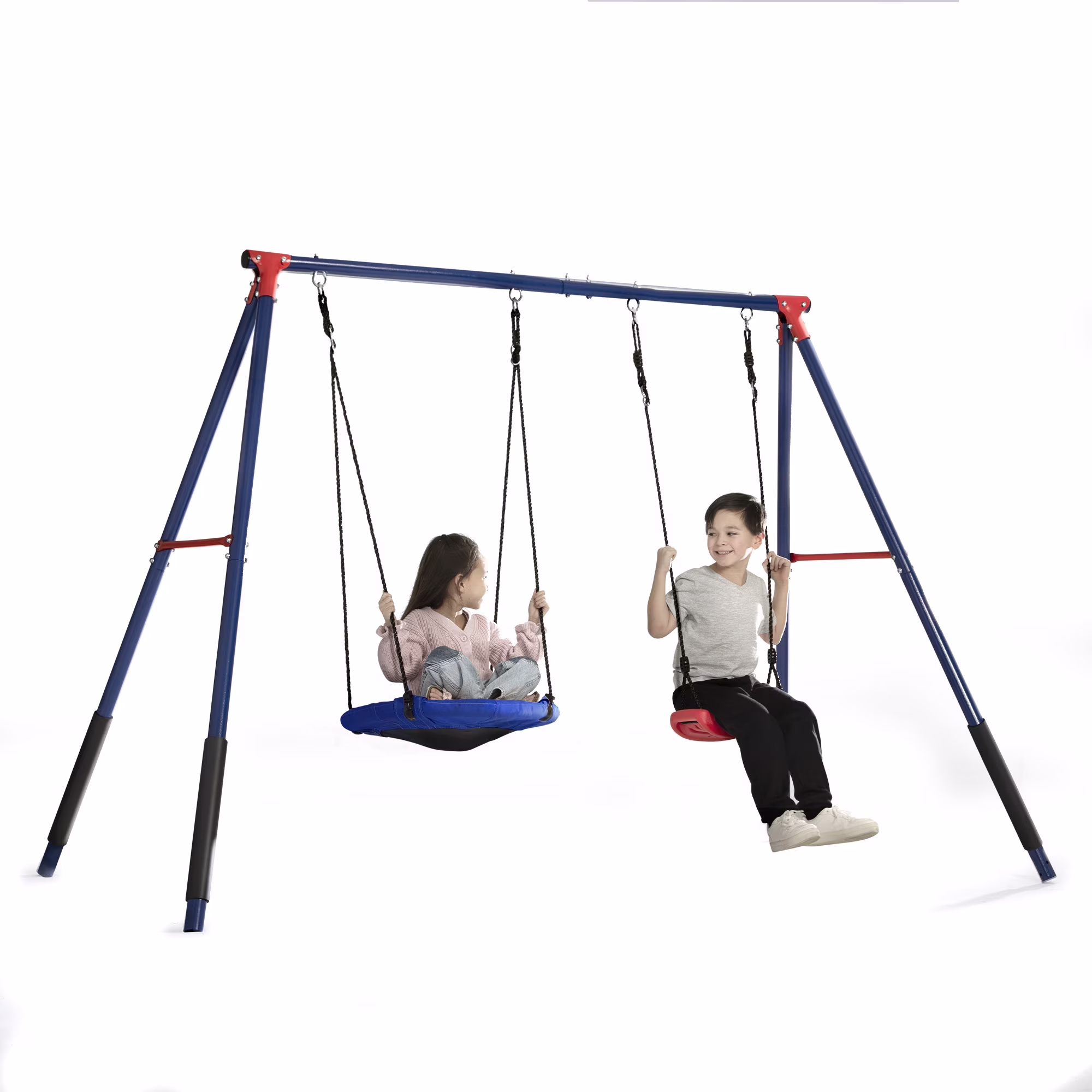 Delta Children FunZone Outdoor Metal 2-Piece Swing Set - Includes 1 Swing and 1 Disc/Saucer Swing, Blue/Red