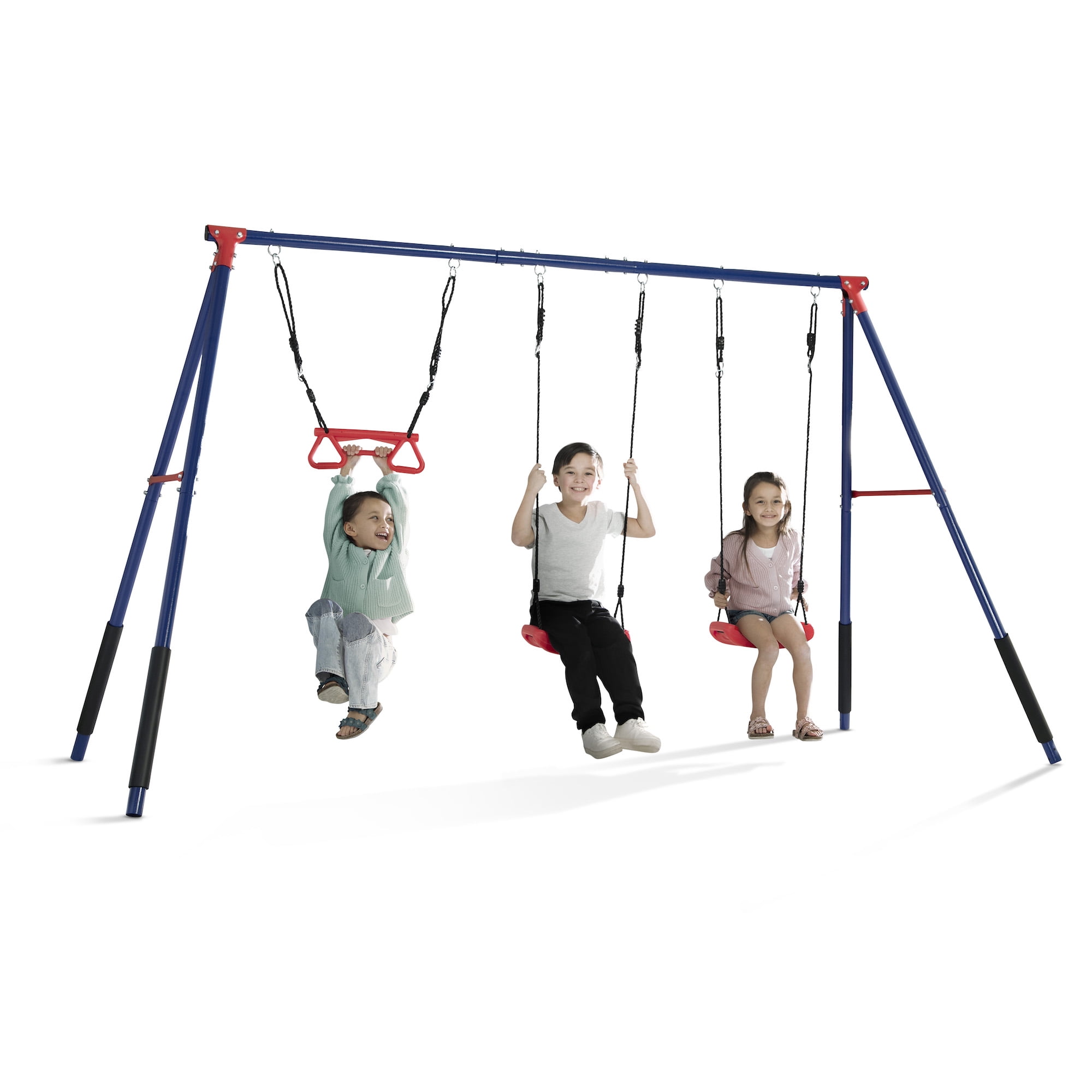 Delta Children FunZone Outdoor Metal 3-Piece Swing Set - Includes 2 Swings and 1 Trapeze Bar, Blue/Red