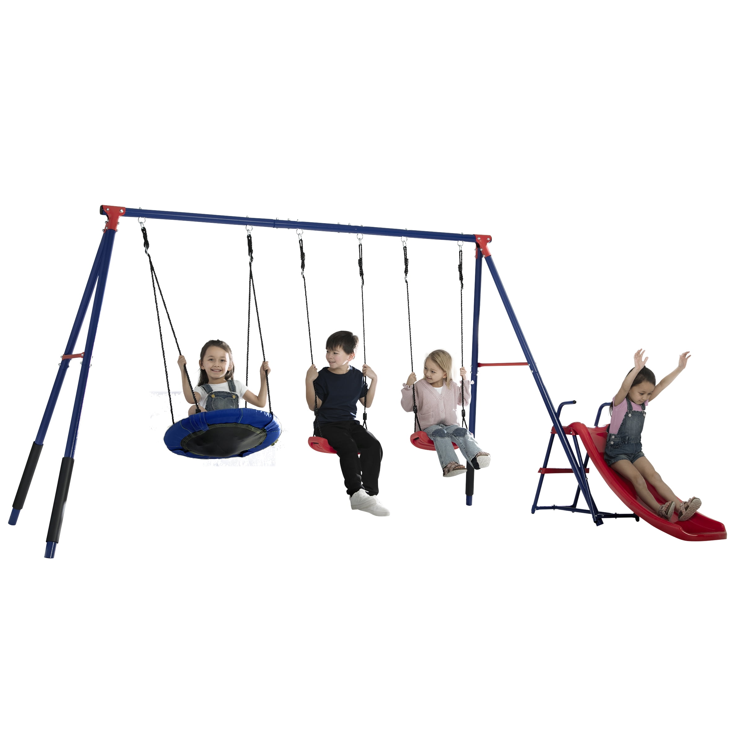 Delta Children FunZone Outdoor Metal 4-Piece Swing Set - Includes 2 Swings, 1 Disc/Saucer Swing and Slide, Blue/Red