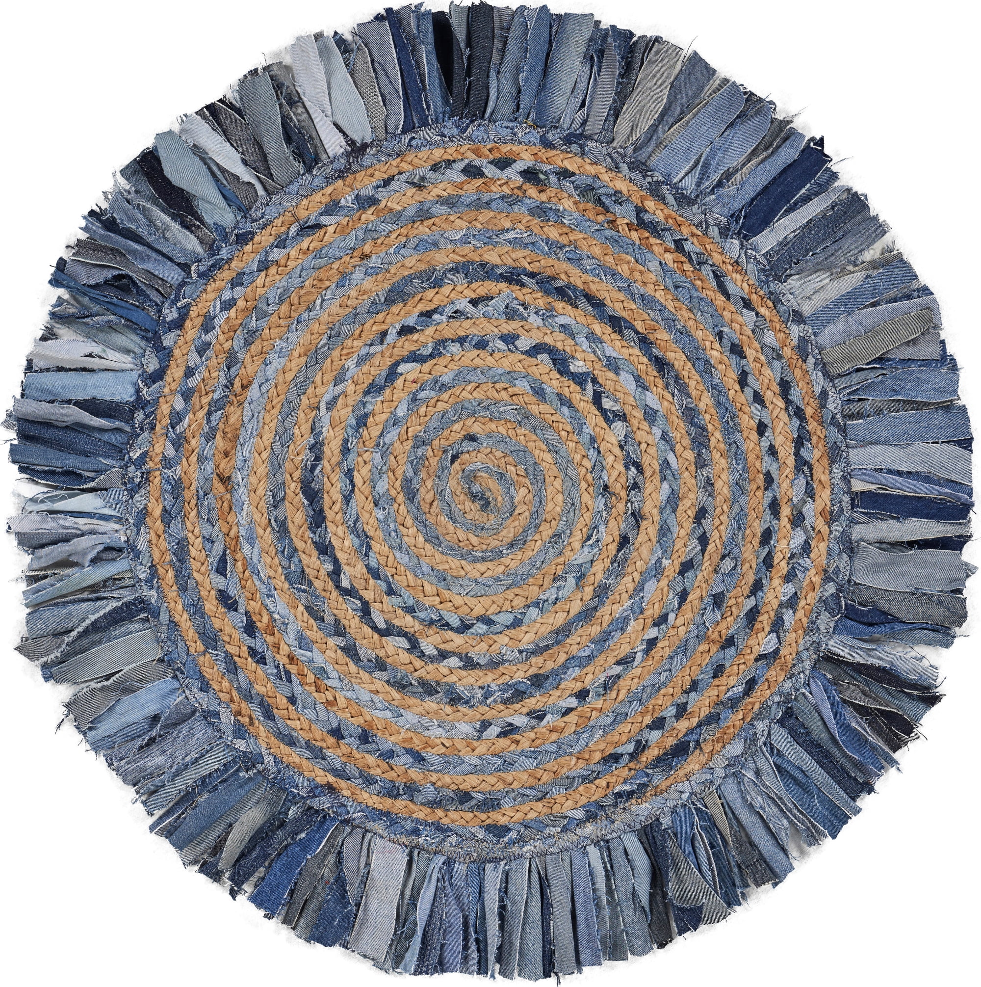 Desert Fields and Evette Rios Cora 5'6" Round Denim Blue Cotton and Jute Striped Fringe Indoor Area Rug