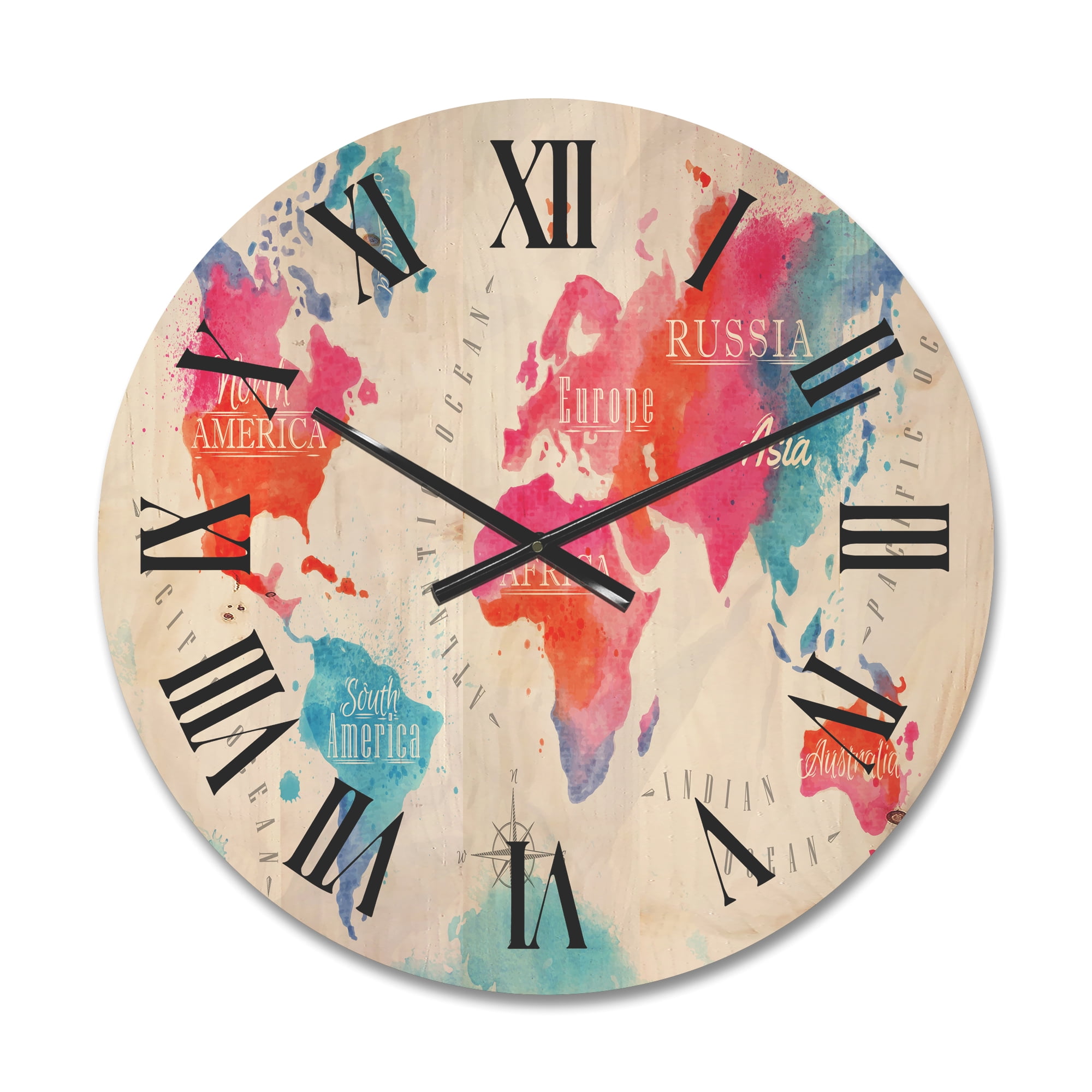 Designart 'World Map In Blue and Pink' Modern Wood Wall Clock