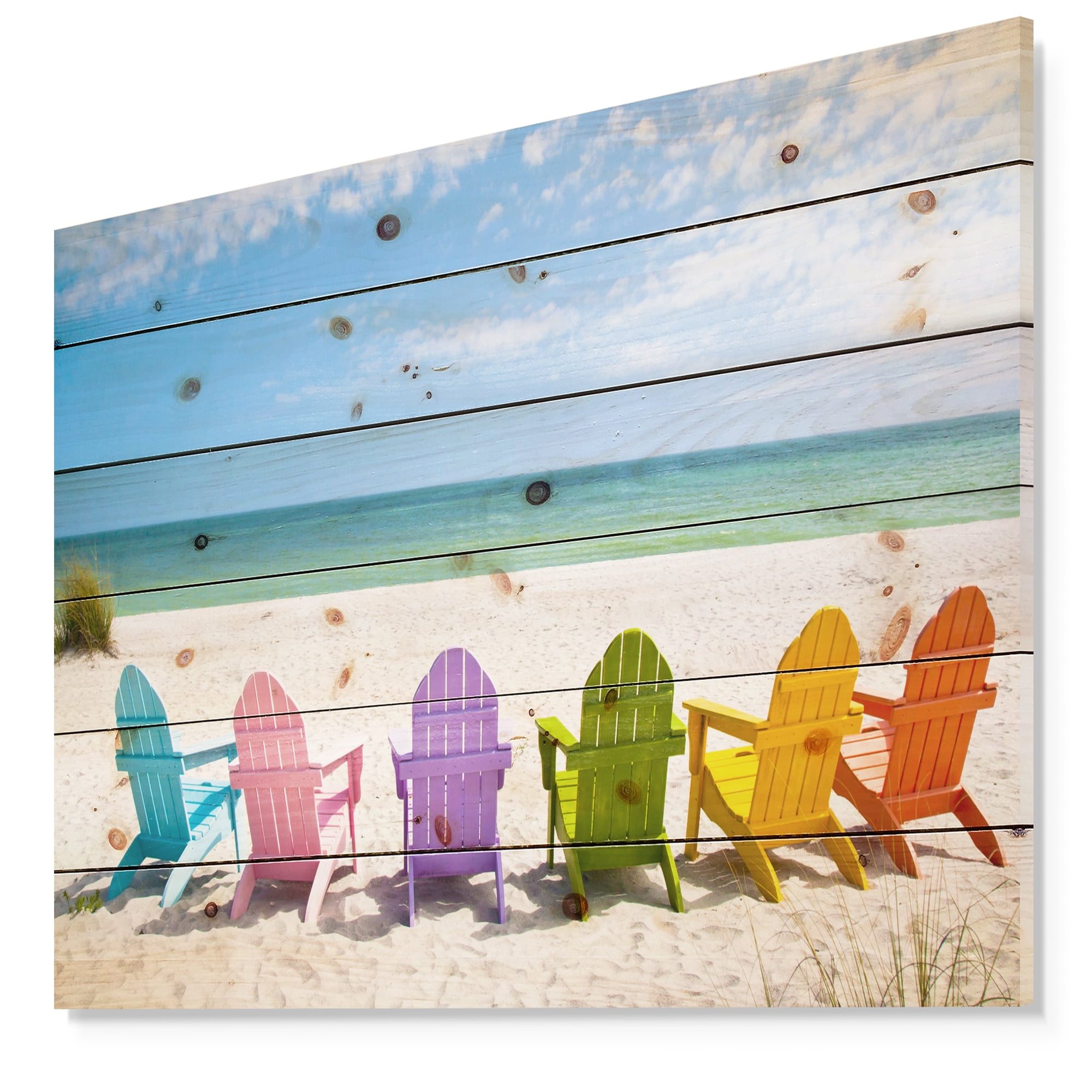 Designart 'Adirondack Beach Chairs ' Beaches Print on Natural Pine Wood
