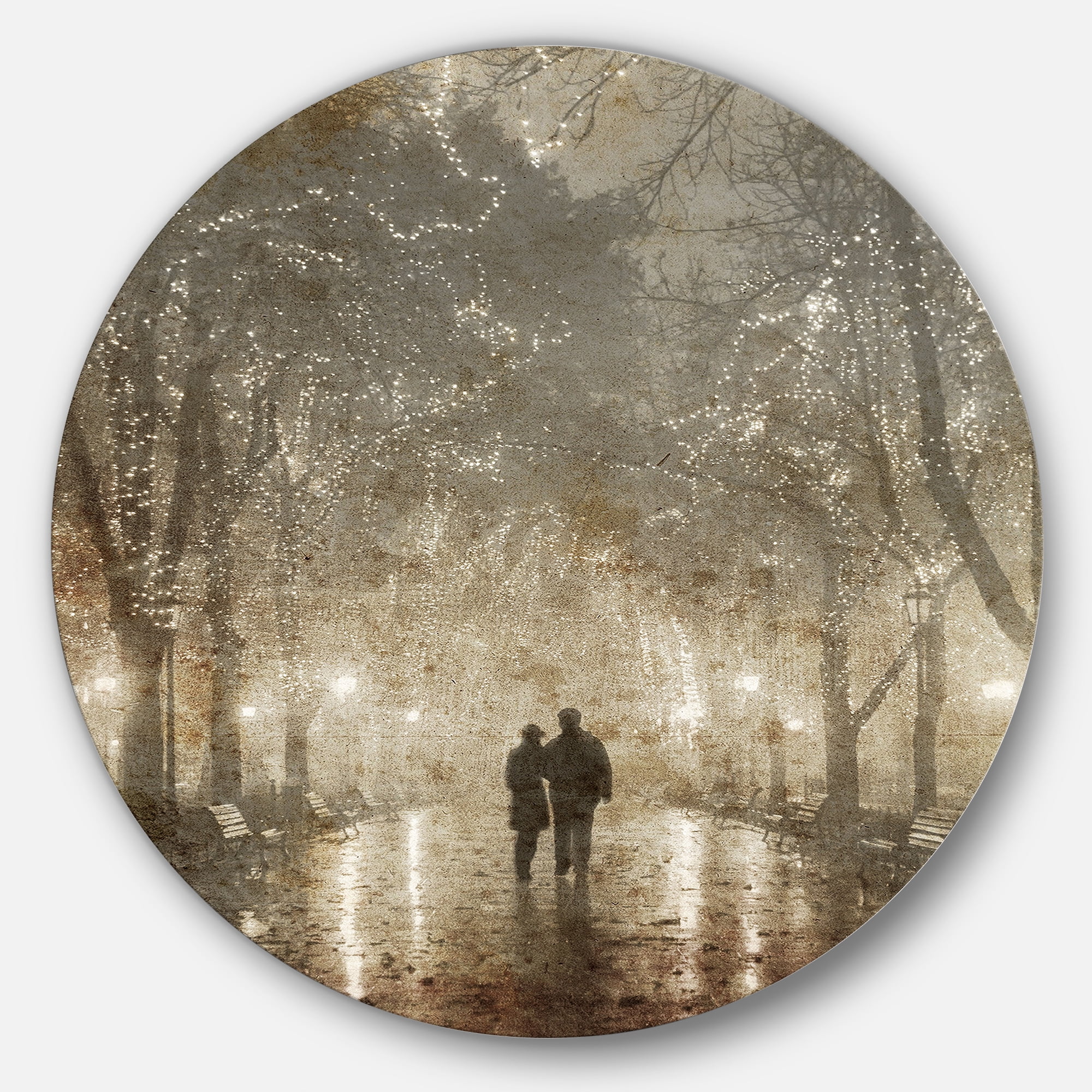 Designart Couple Walking in Night Lights' Landscape Photography Circle Circle Metal Wall Art
