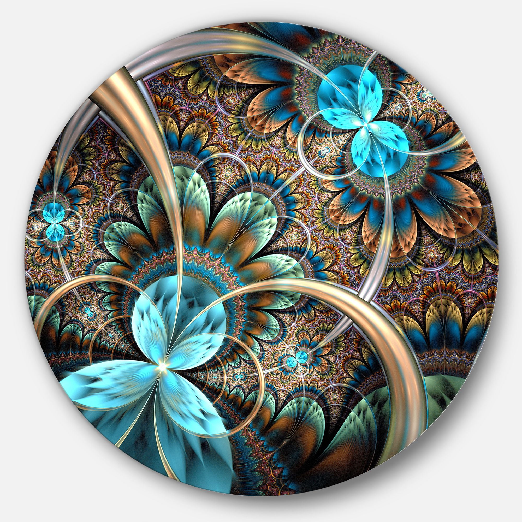 Designart 'Light Blue Fractal Flower' Disc Floral Circle Metal Wall Art