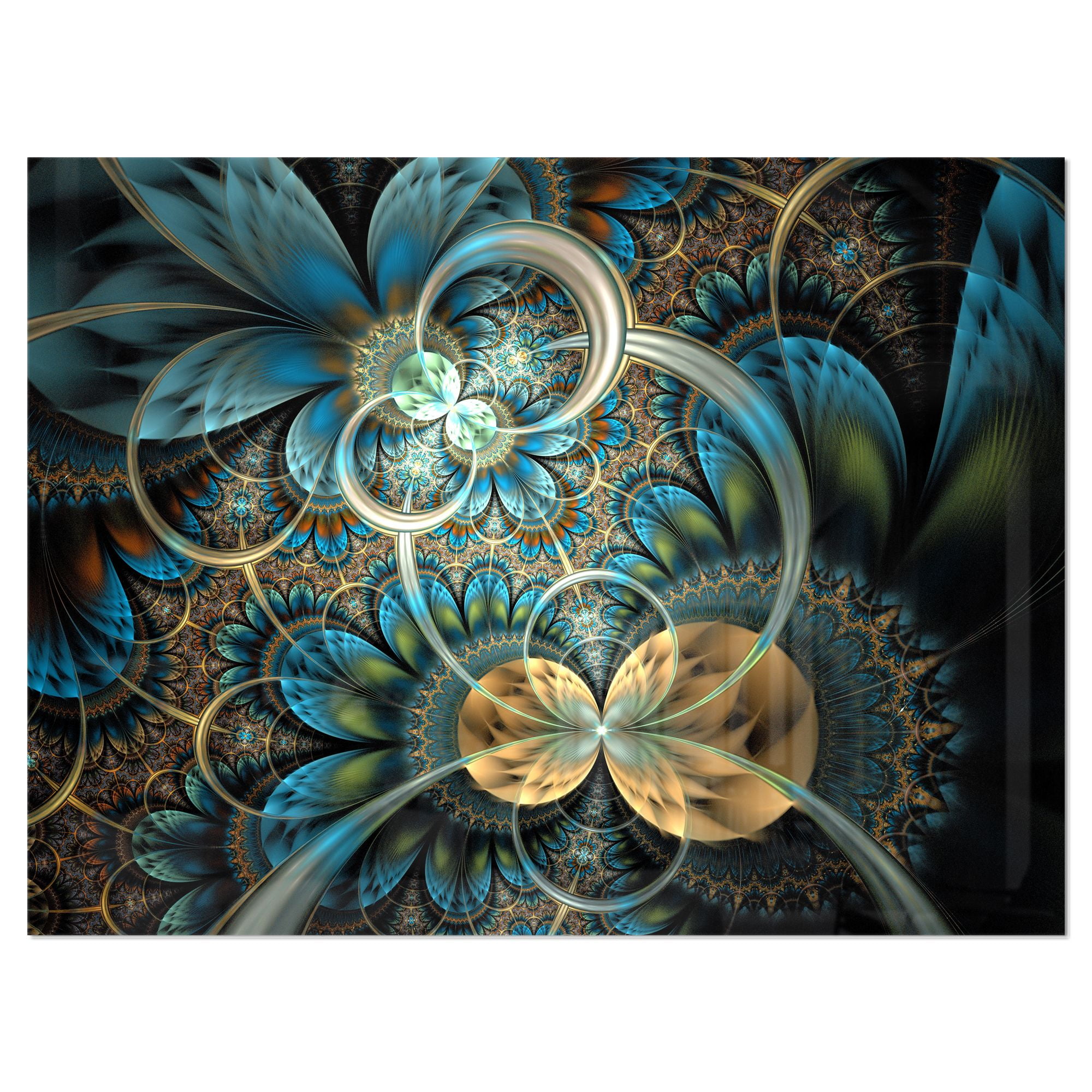 Designart 'Symmetrical Blue Gold Fractal Flower ' Large Contemporary Metal Wall Art Panels