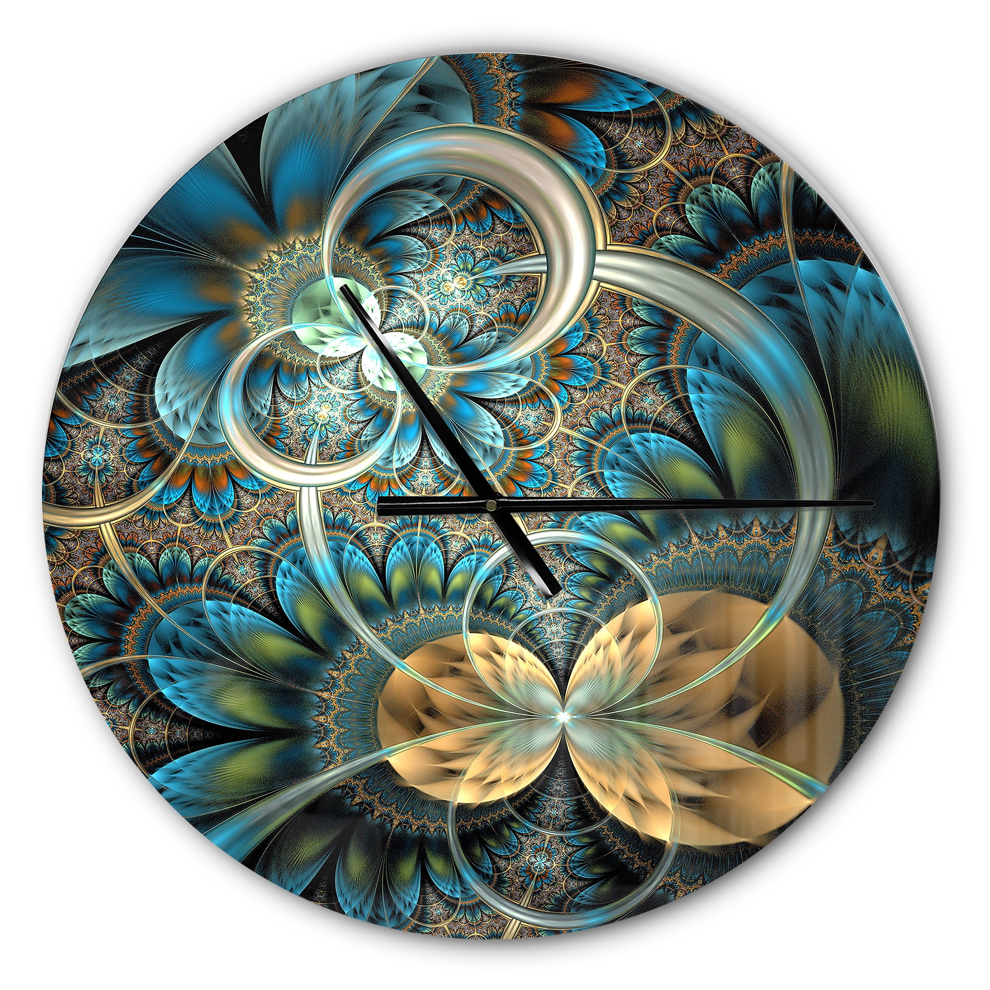 Designart 'Symmetrical Blue Gold Fractal Flower ' Modern wall clock