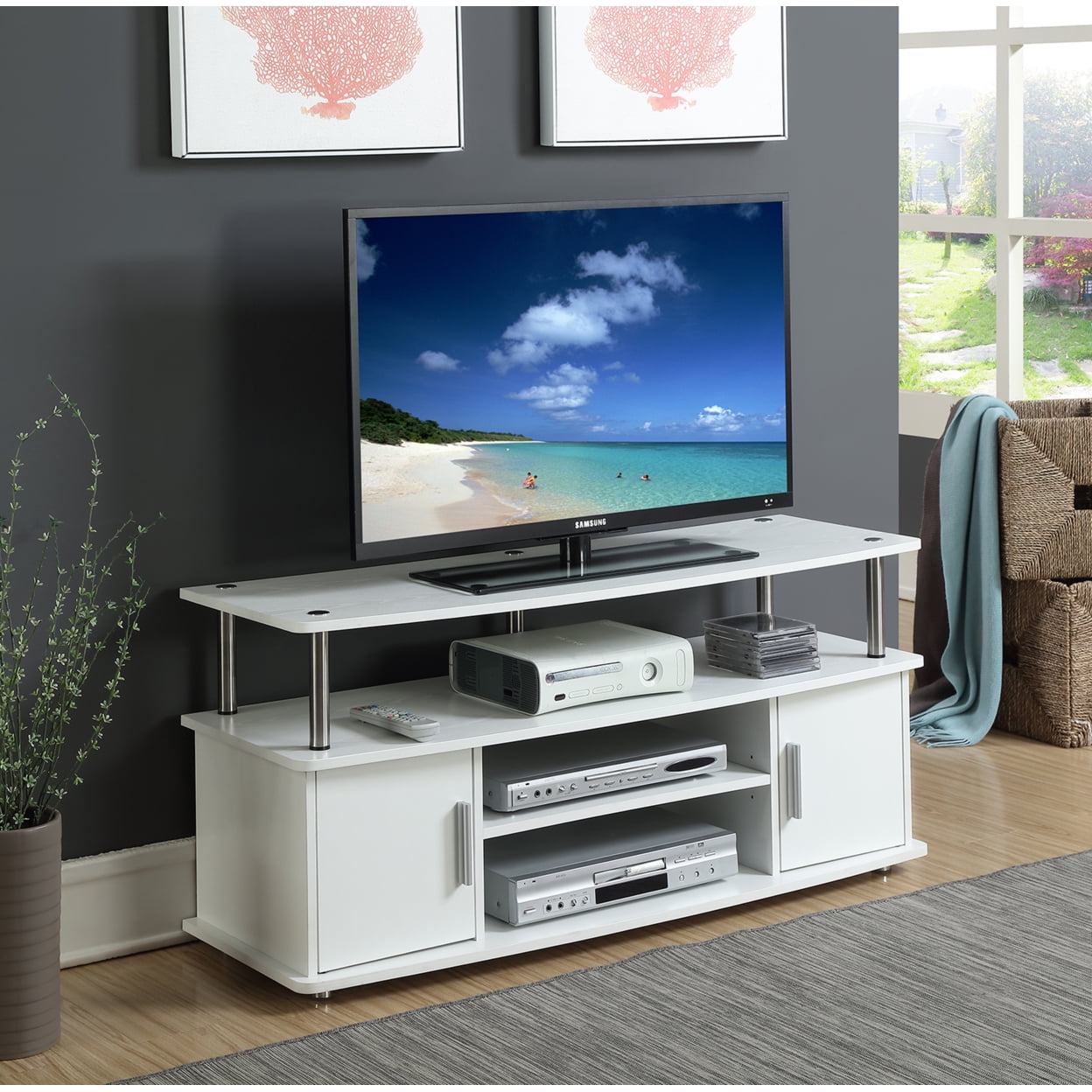 Designs2Go Monterey 55-inch TV Stand with Cabinets and Shelves, White (47.25" Wide)