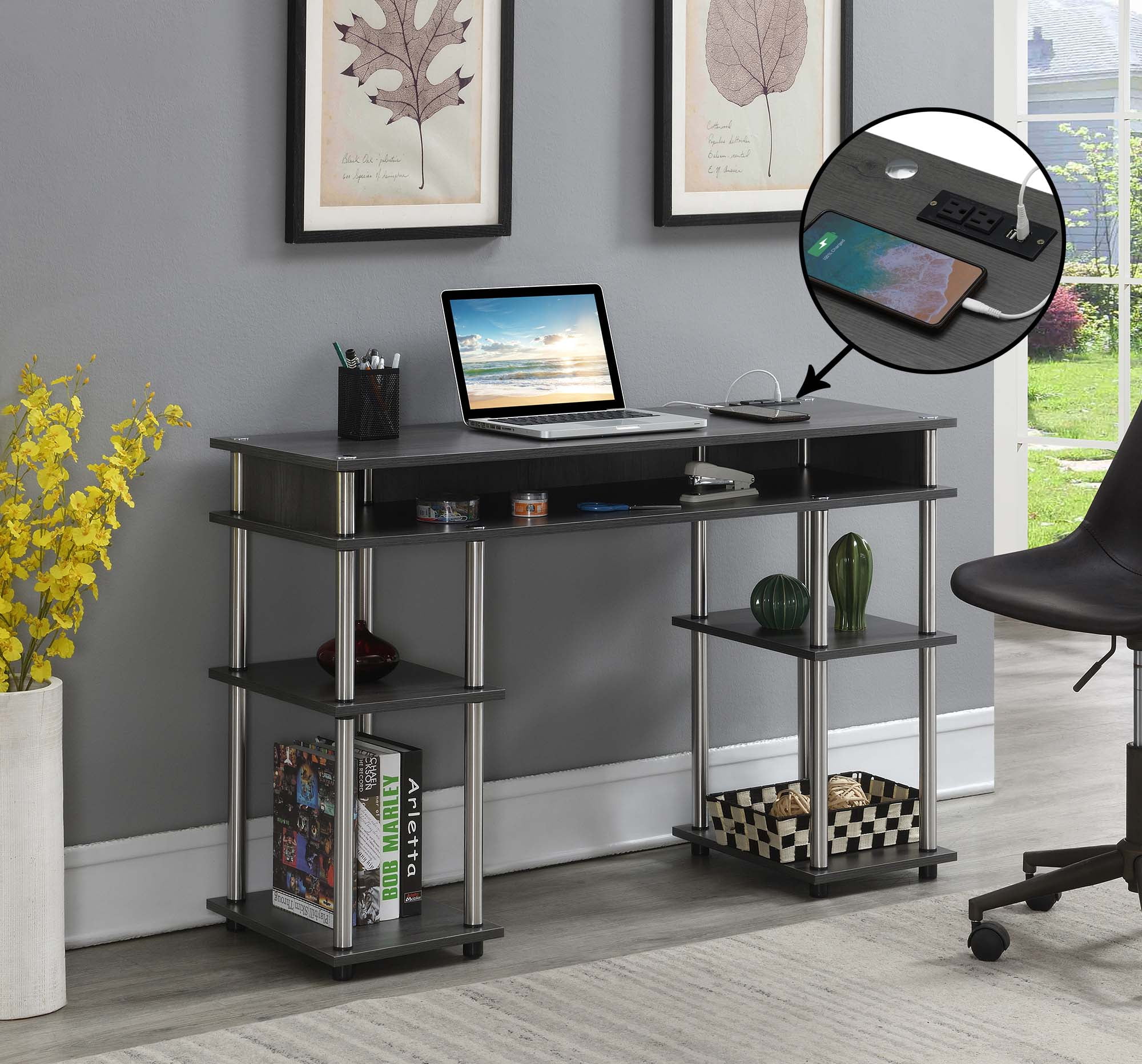 Designs2Go 30 inches Tall No Tools Student Desk with Charging Station and Shelves, Charcoal Gray