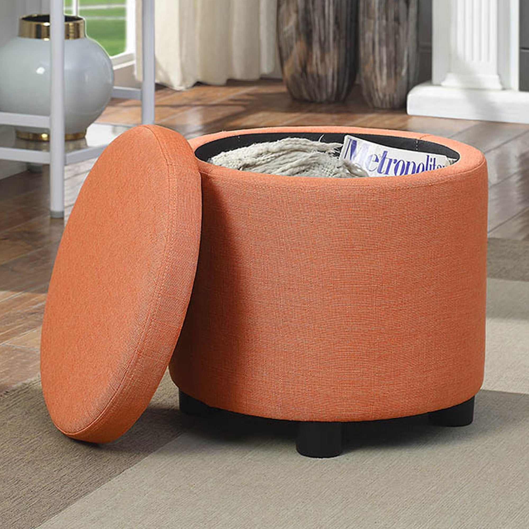 Designs4Comfort Round Accent Storage Ottoman with Reversible Tray Lid, Coral Fabric