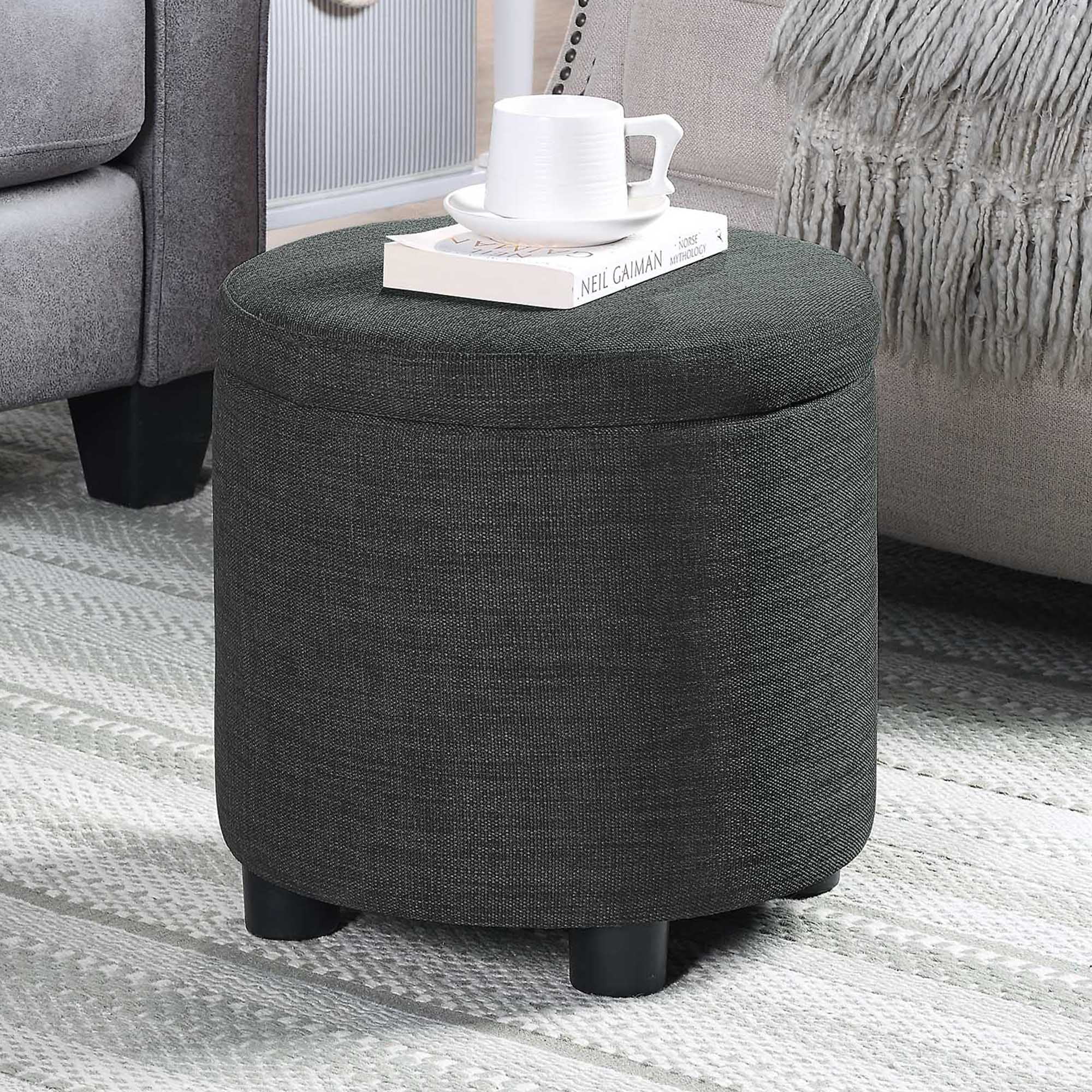 Designs4Comfort Round Accent Storage Ottoman with Reversible Tray Lid, Dark Charcoal Gray Fabric