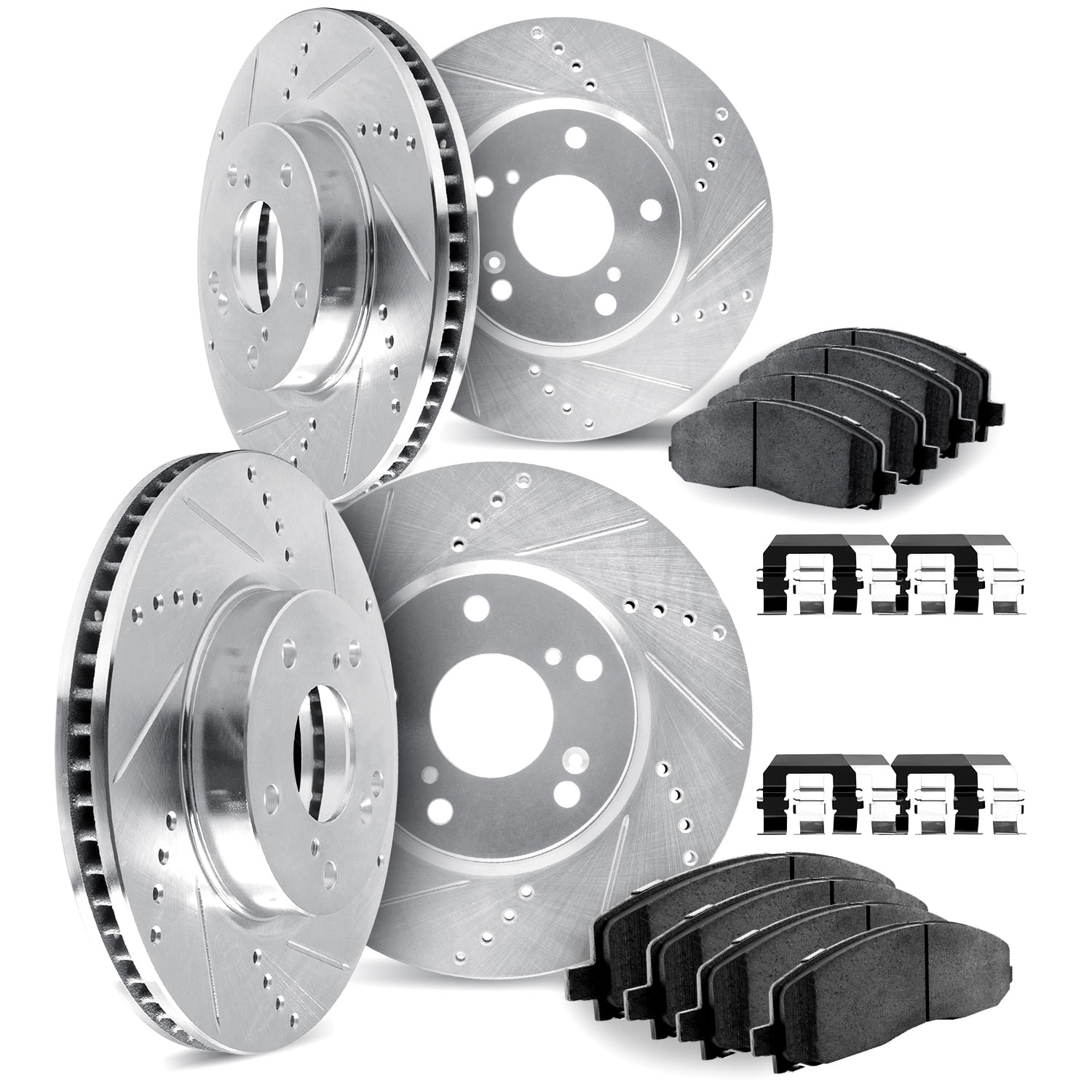 Dynamic Friction Company Front and Rear Brake Rotors Drilled and Slotted Silver with 5000 Euro Ceramic Brake Pads includes Hardware - 7614-74011
