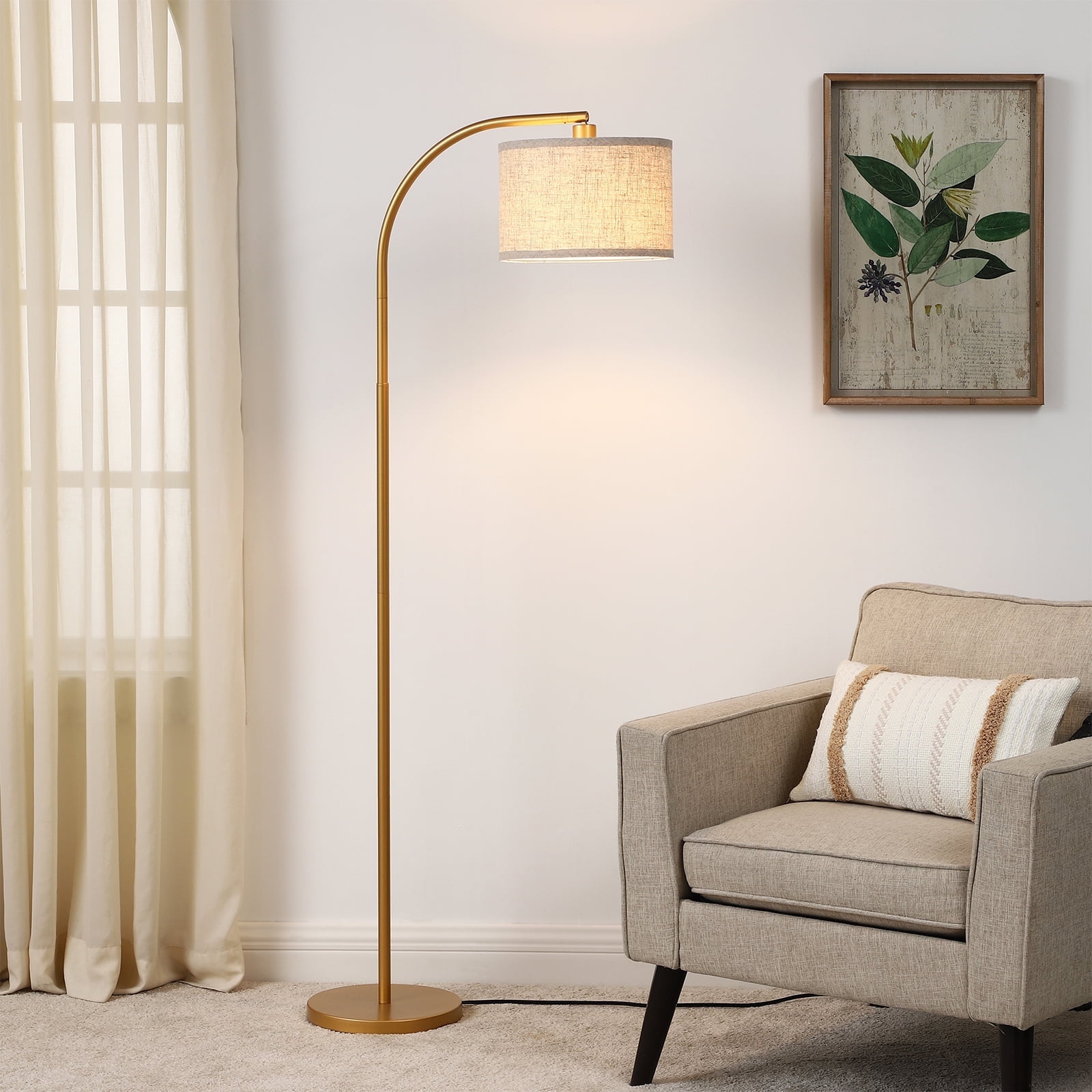 DEWENWILS 63.4-Inch Modern Arc Gold Floor Lamps for Living Room, Metal Standing Lamp with Foot Switch for Bedroom, Office, Decor, Lighting, Adjustable Lampshade
