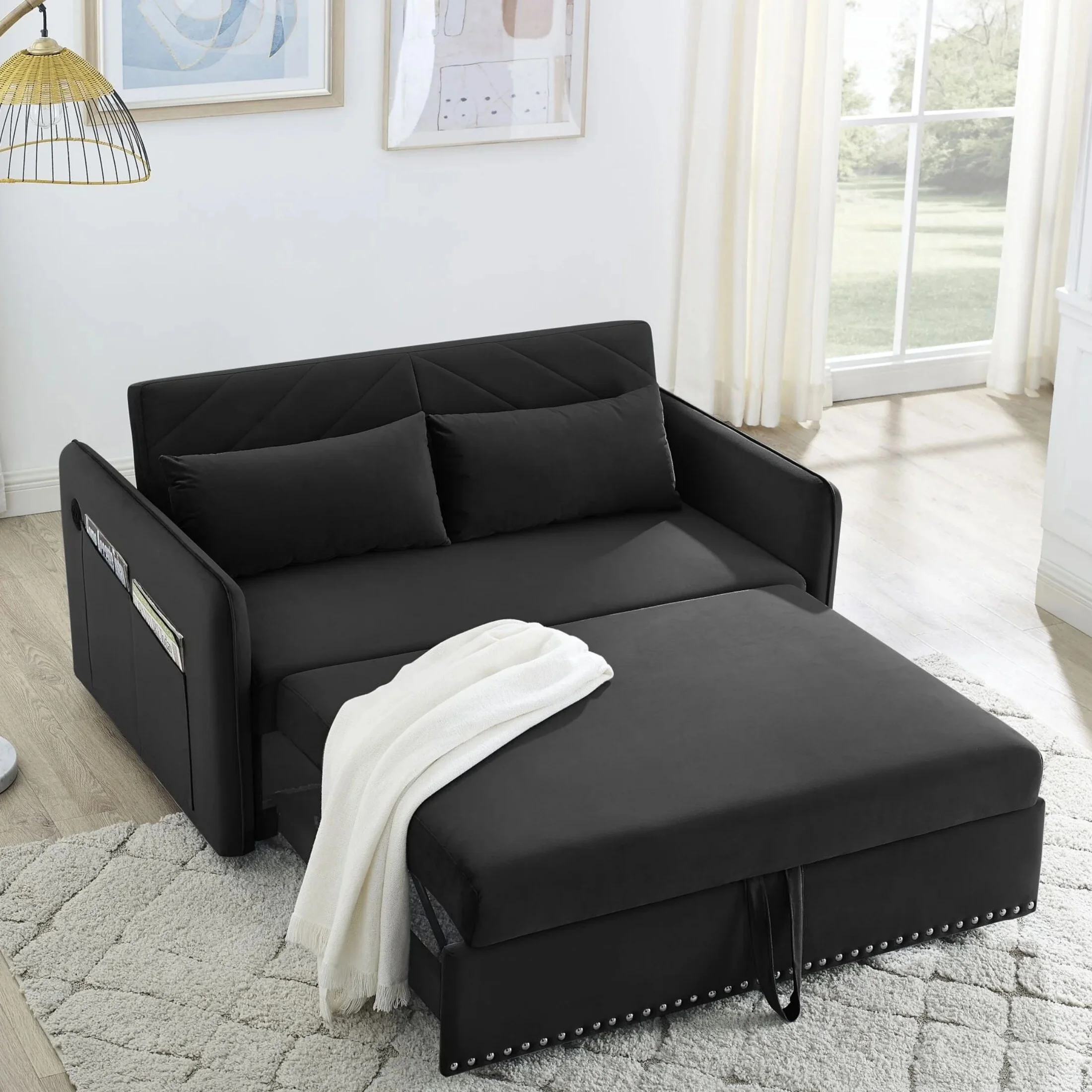 DEALTOPS Pull Out Sofa Bed, Convertible Loveseat Sleeper Sofa with USB Ports and Side Pockets, Black