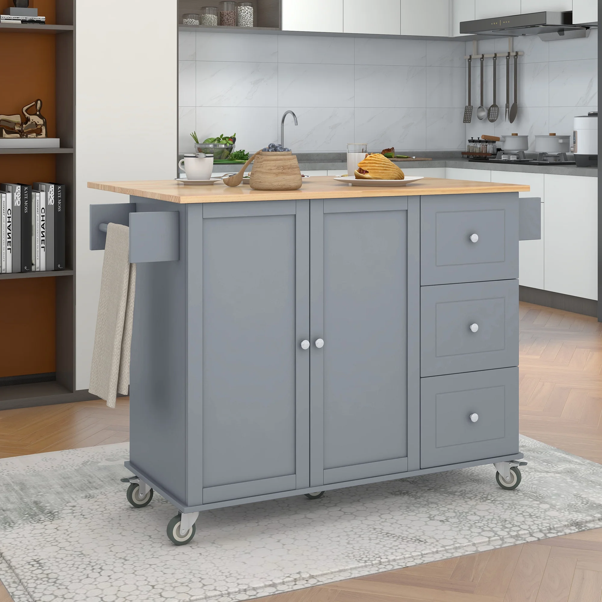 DEALTOPS Rolling Kitchen Islands with Storage Cabinets, Wood Gray, 52.76 in