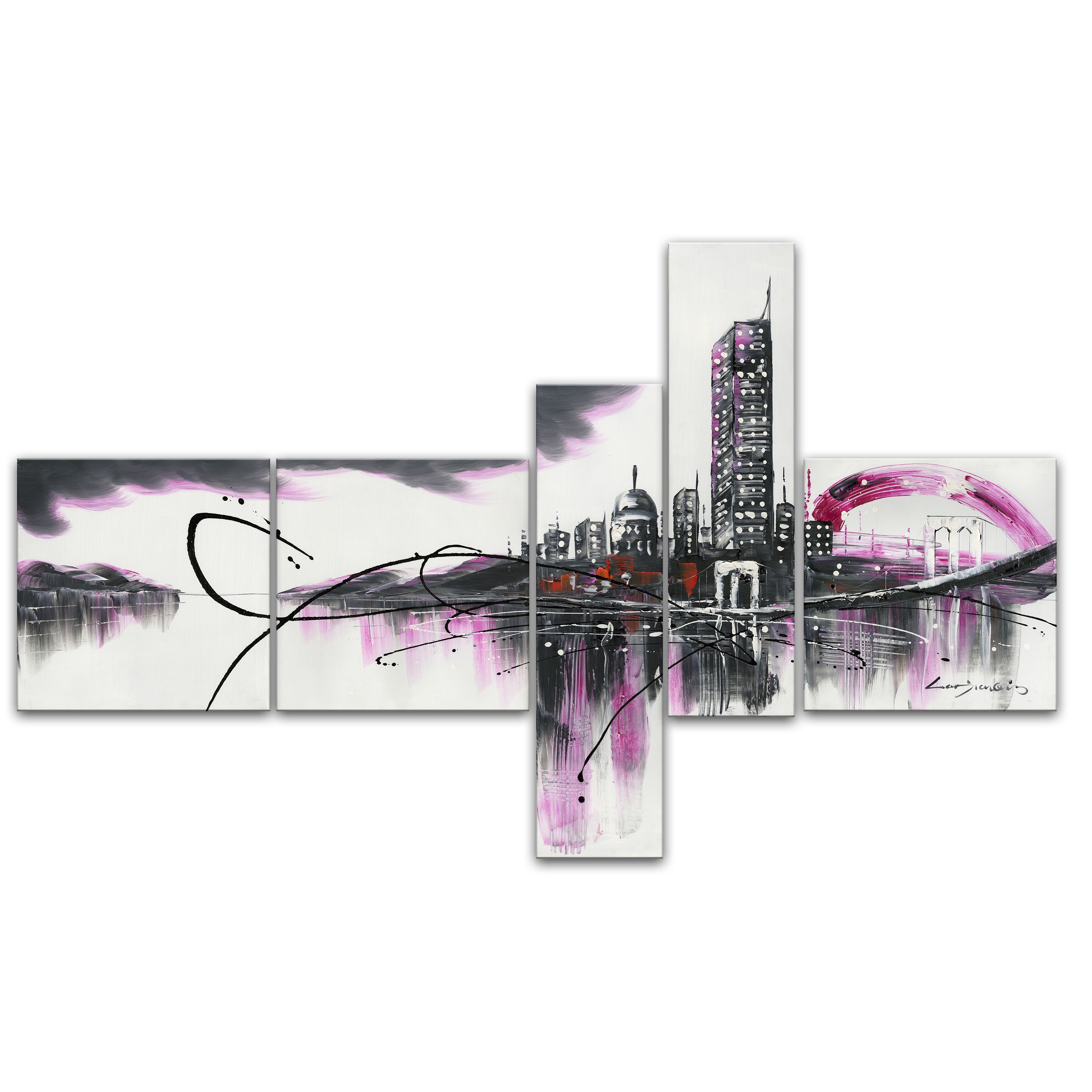 DESIGN ART "Modern Purple Cityscape" 66 x 36-inch 5-panel Canvas Art Print