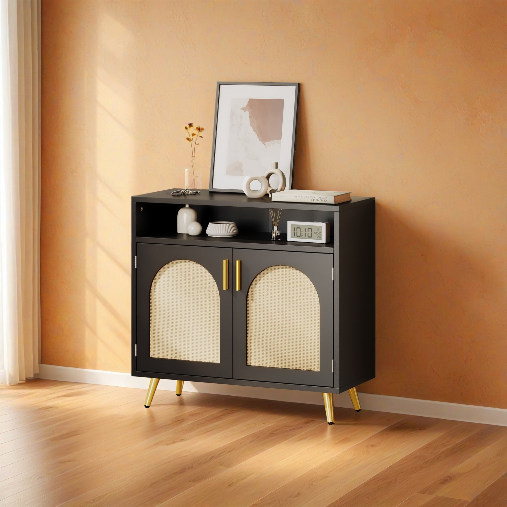 DEXTRUS Accent Rattan Sideboard Buffet Storage Cabinet with Adjustable Shelves & Doors, Black