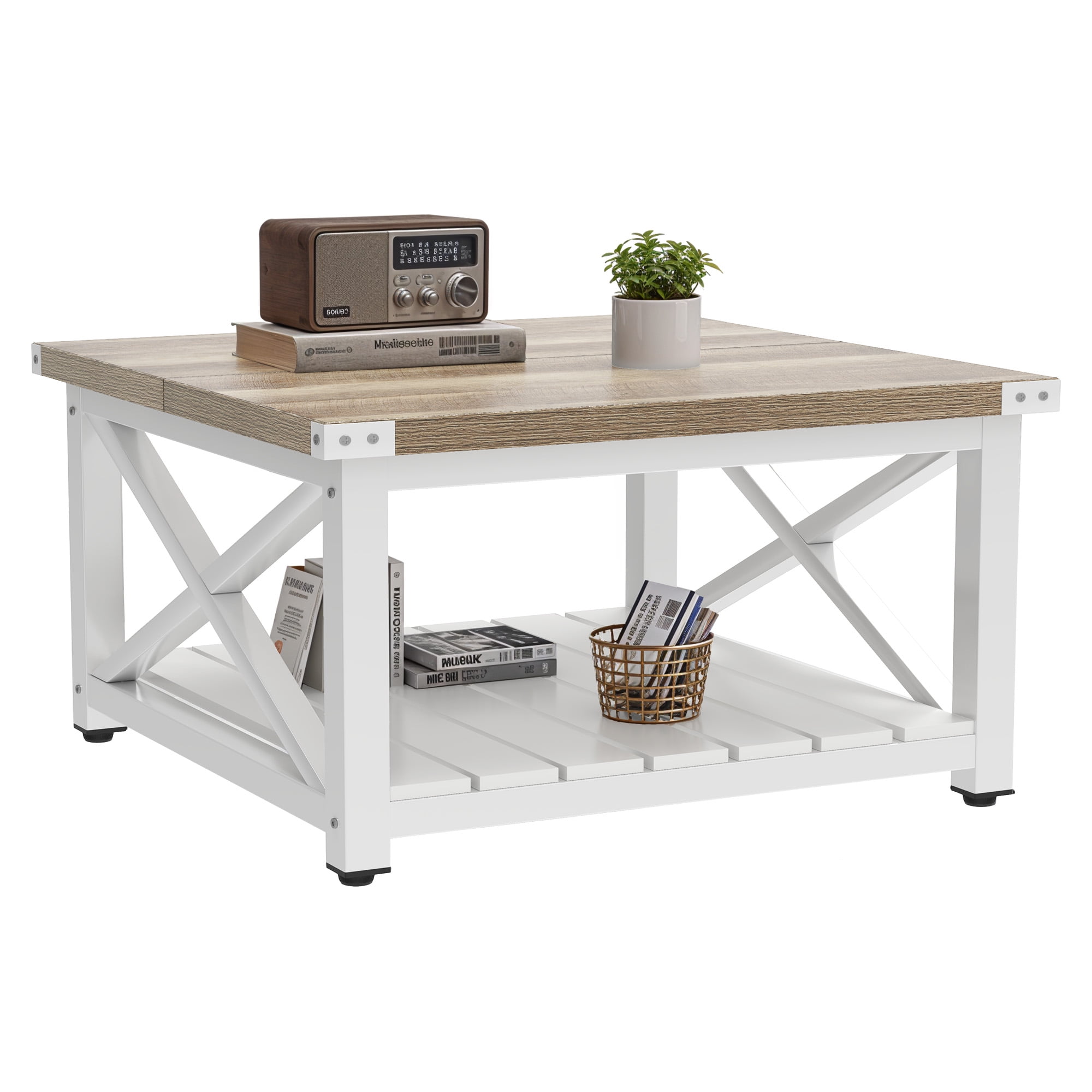 DEXTRUS Farmhouse Square Wood Coffee Table with Open Storage Shelf