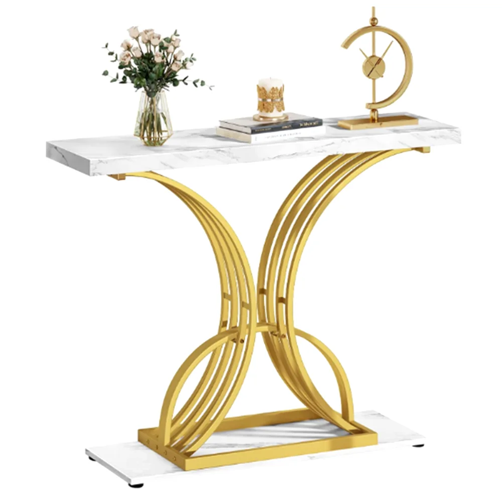 DEXTRUS 39" Console End Table with Faux Marble Top, Side Table for Living Room, Entryway, Gold