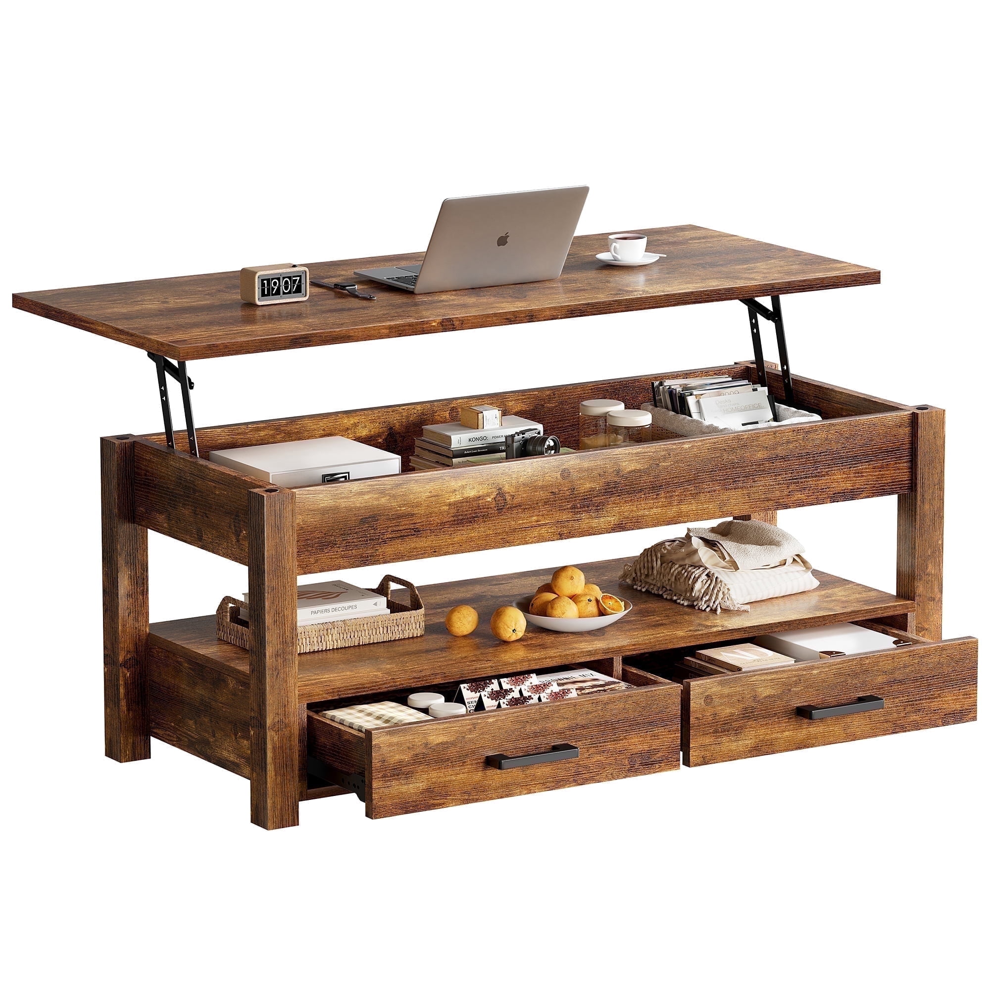 GUNAITO Lift Top Coffee Table with 2 Drawers,Wooden Convertible Coffee Table with Storage for Living Room,Center Table,Brown,42"