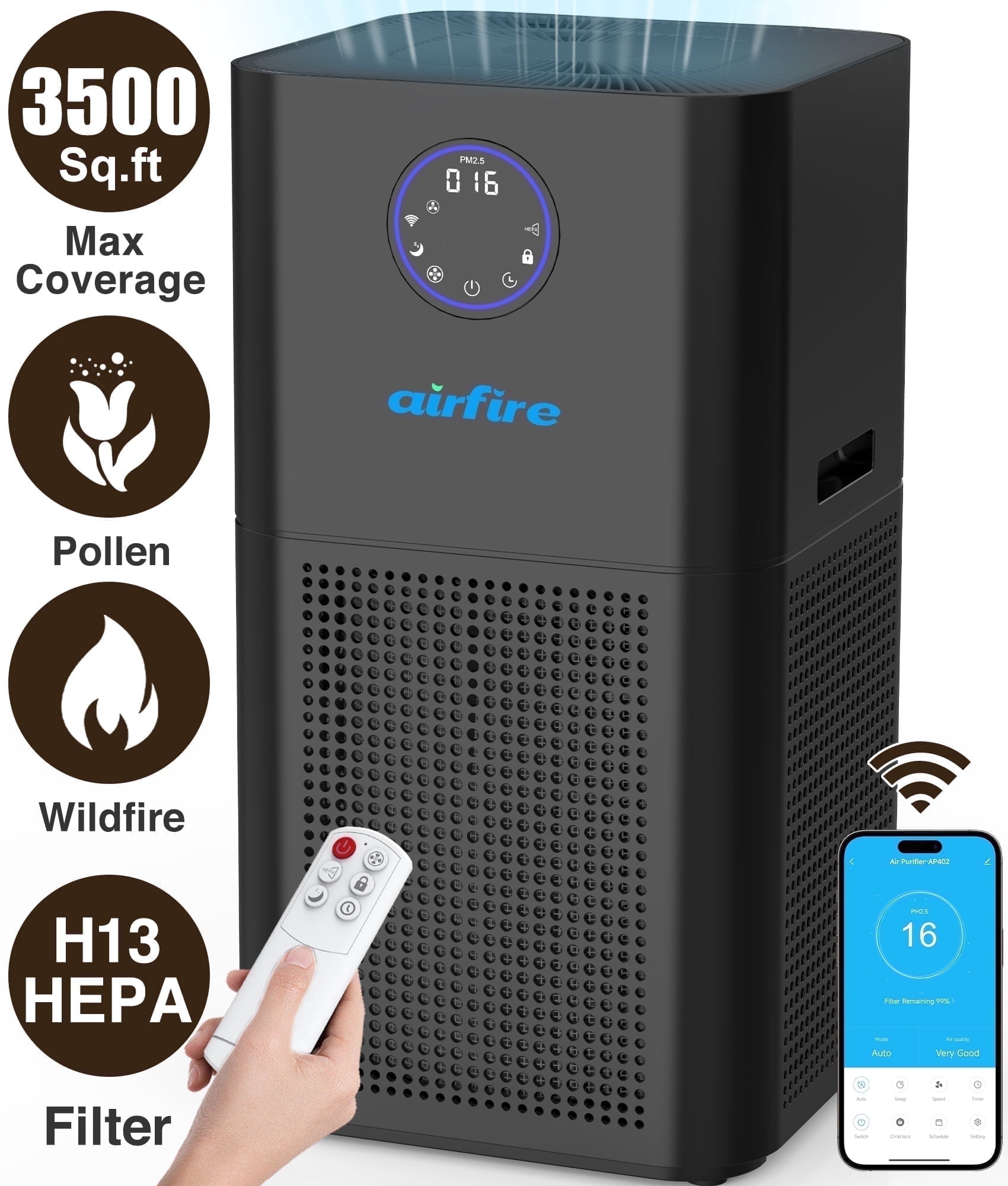 AIRFIRE HEPA Air Purifier for Large Rooms 3500 Sq.ft, WiFi Air Purifiers for Wildfire, Smoke, Pet Dander&Odor, Dust, Pollen, AP404, Black