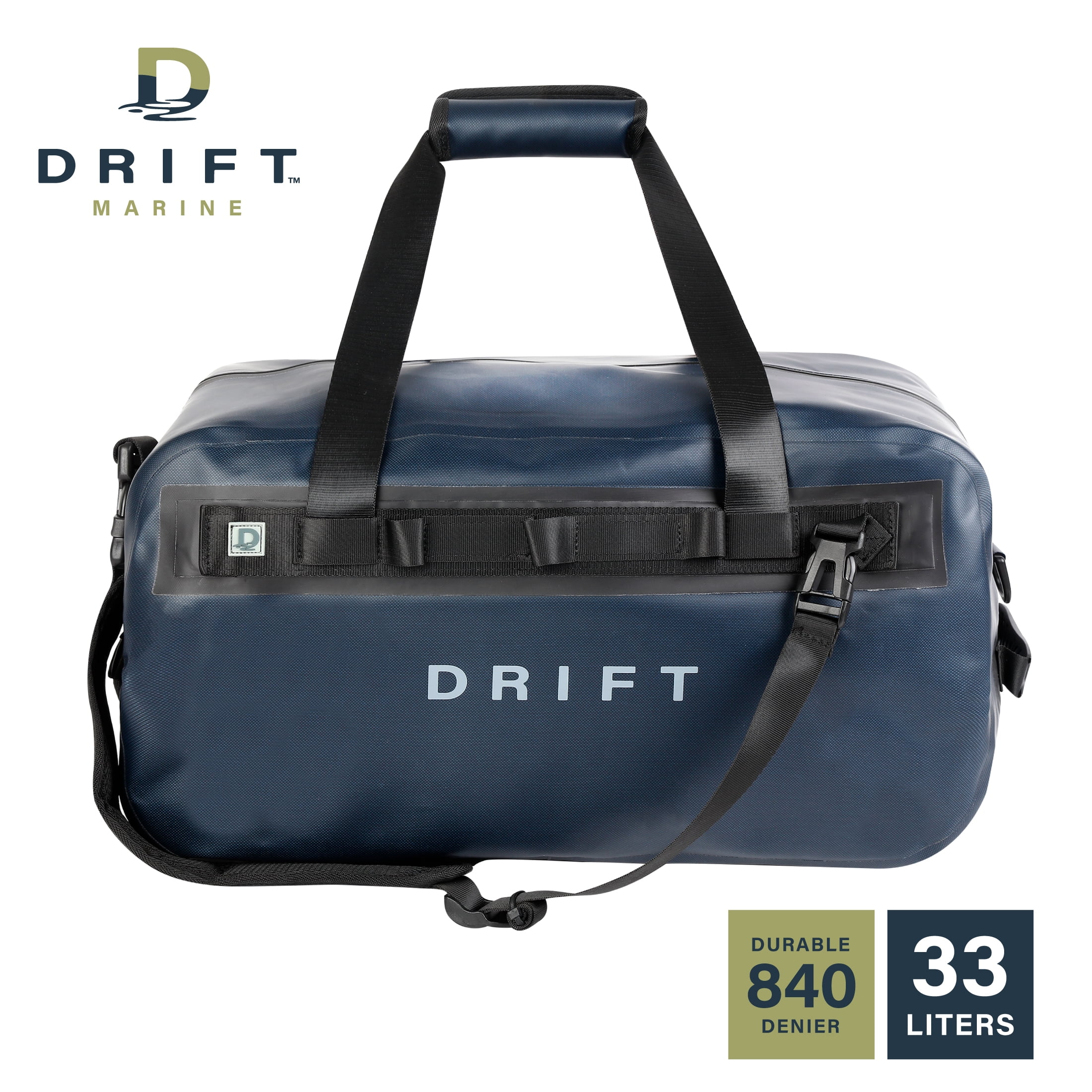 D DRIFT ALL THINGS WATER Waterproof Boat Bag - 33L Navy Blue Backpack with TPU Coating, 840 Denier, Floating Dry Bag for Kayaking, Fishing, and Outdoor Adventures