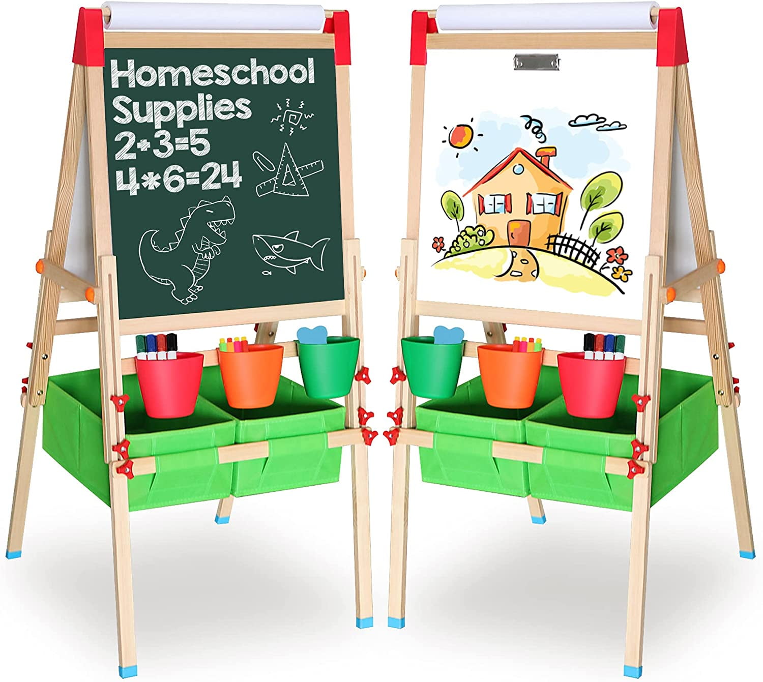 DUKE BABY 3-in-1 Kids Art Easel with Dry-Erase Board, Chalkboard, Paper Roll and Art Supply Storage- Green