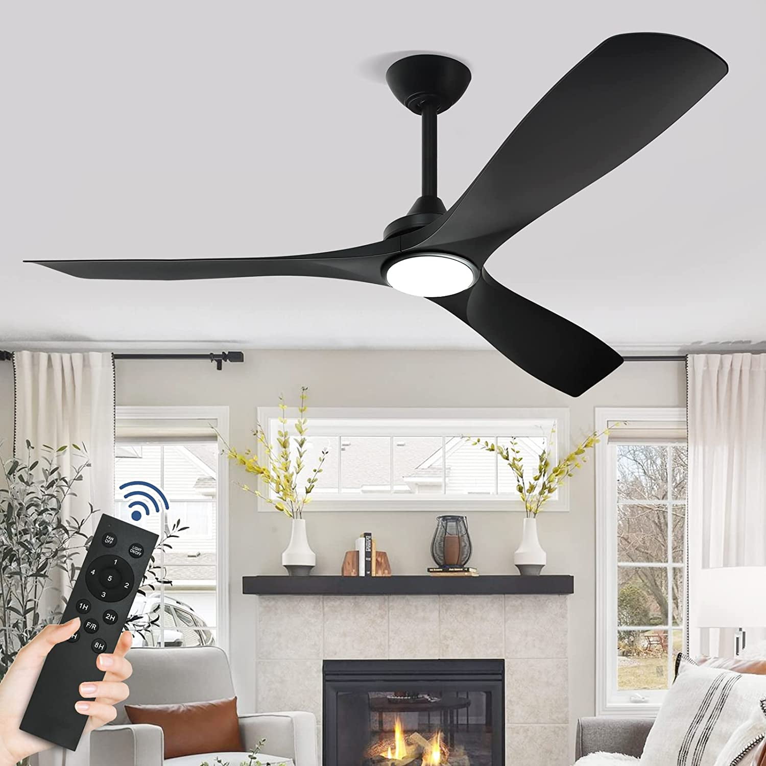 DingLiLighting 52" Modern Indoor Outdoor Ceiling Fan with Light LED Dimmable Remote,5-Speed Industrial Ceiling Fan for Patio Exterior House Porch livingroom bedroom, Black,3-Blade,Timing