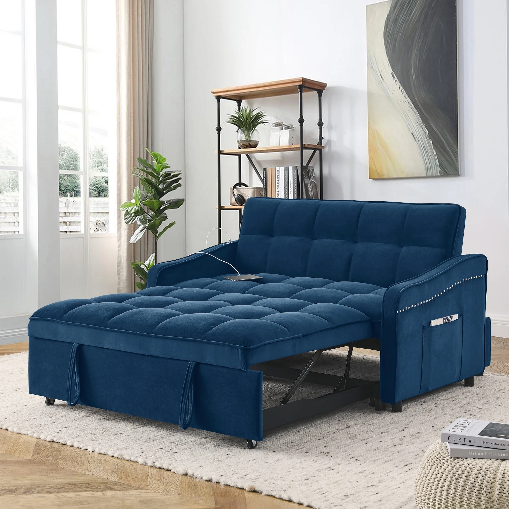 Lunale Pull Out Sofa Bed, Loveseat Sleeper with USB/Type-C, Adjust Back, Convertible Sleeper Sofa for Living Room/Apartment, Blue Velvet