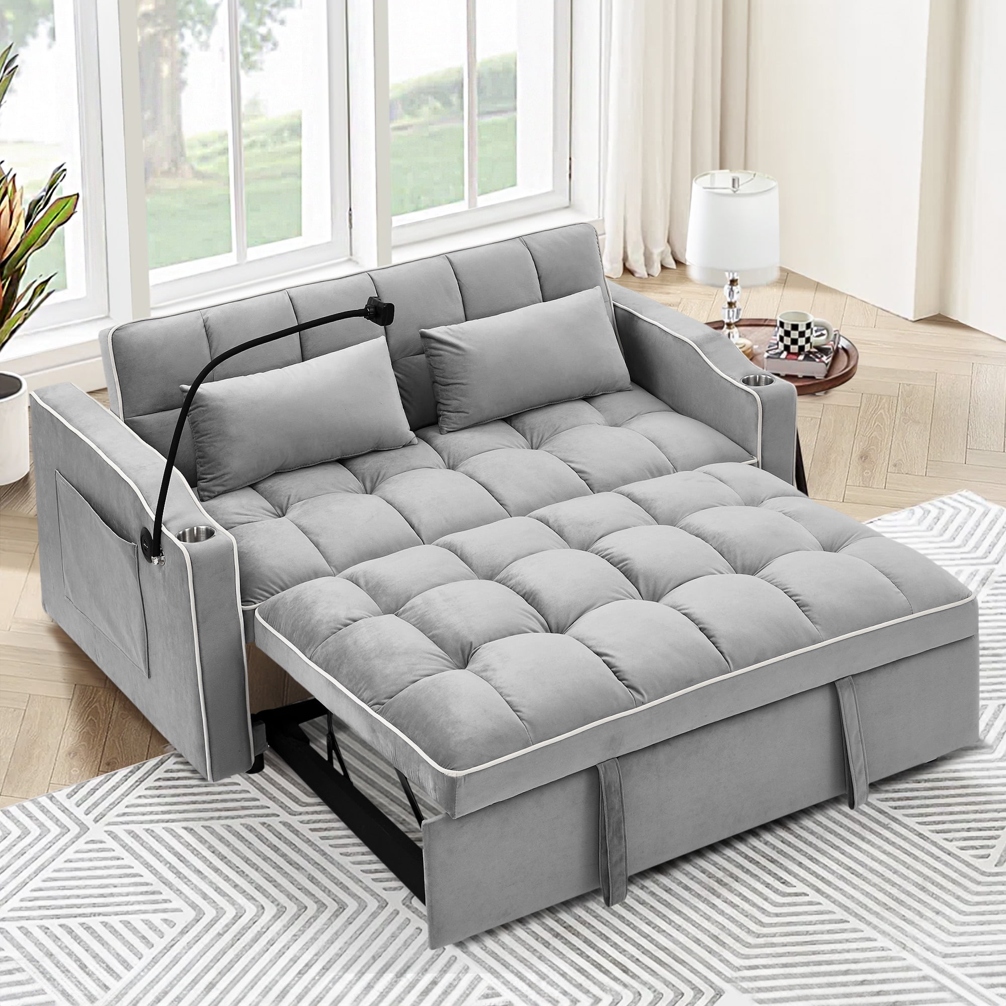 Dinosisco 3-in-1 Convertible Futon Sofa Bed, Loveseat Sleeper with Phone Stand, USB, Gray Velvet