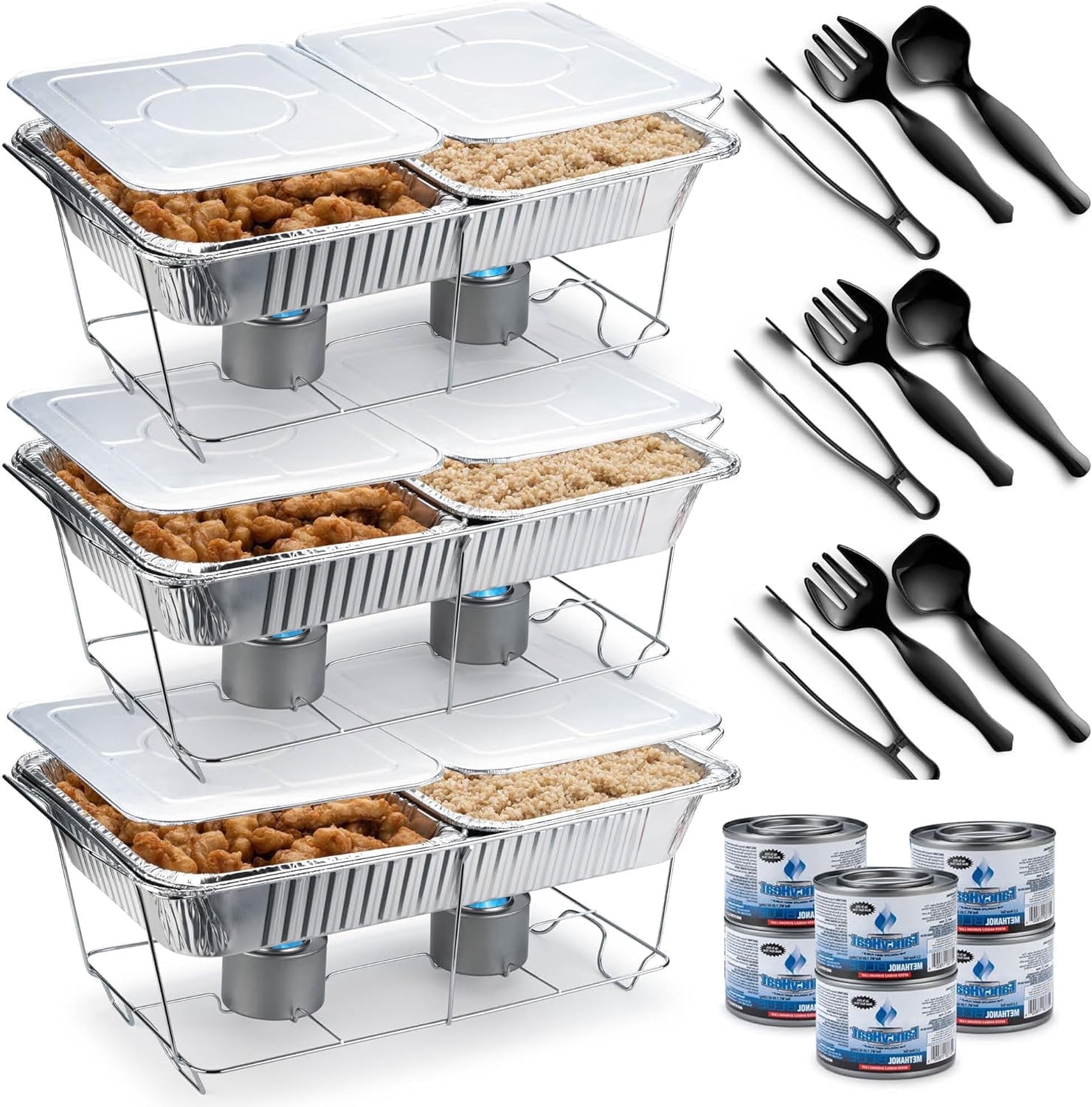 Diplastible Disposable Chafing Dish Buffet Set, Wire Racks Pans Lids Serving Spoons Forks Tongs