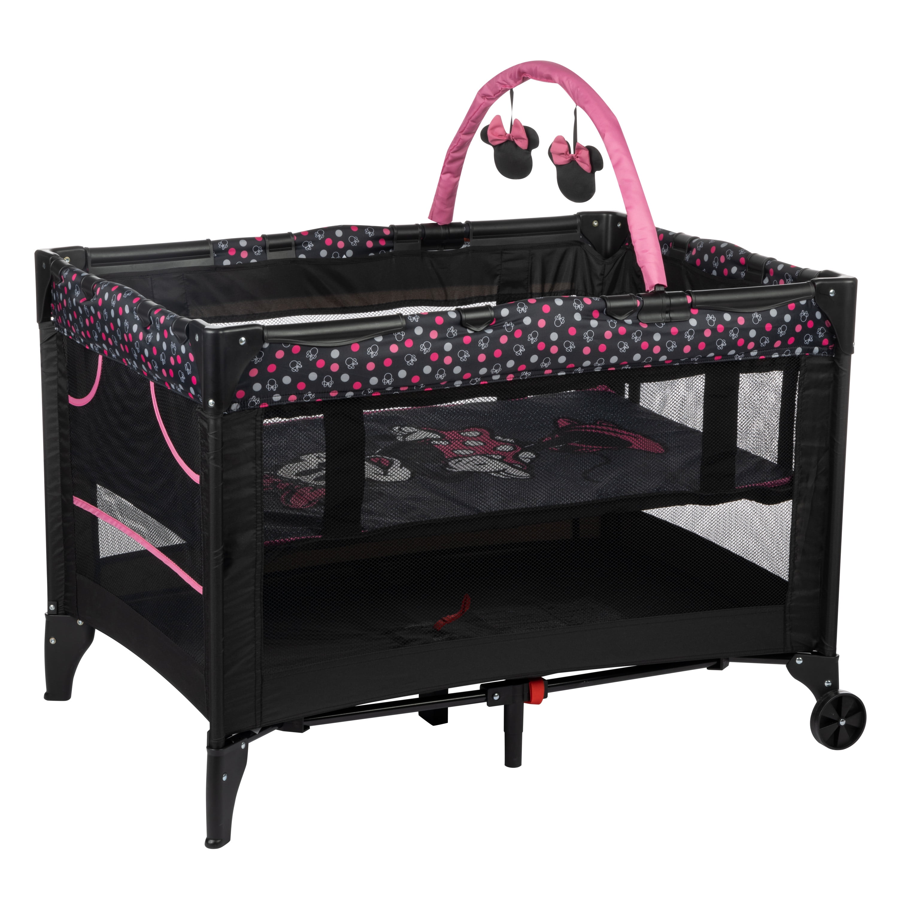 Disney Baby 3D Ultra Play Yard with Bassinet, Toy Bar & Carry Bag – Modern Minnie – Portable Infant Playpen & Travel Crib