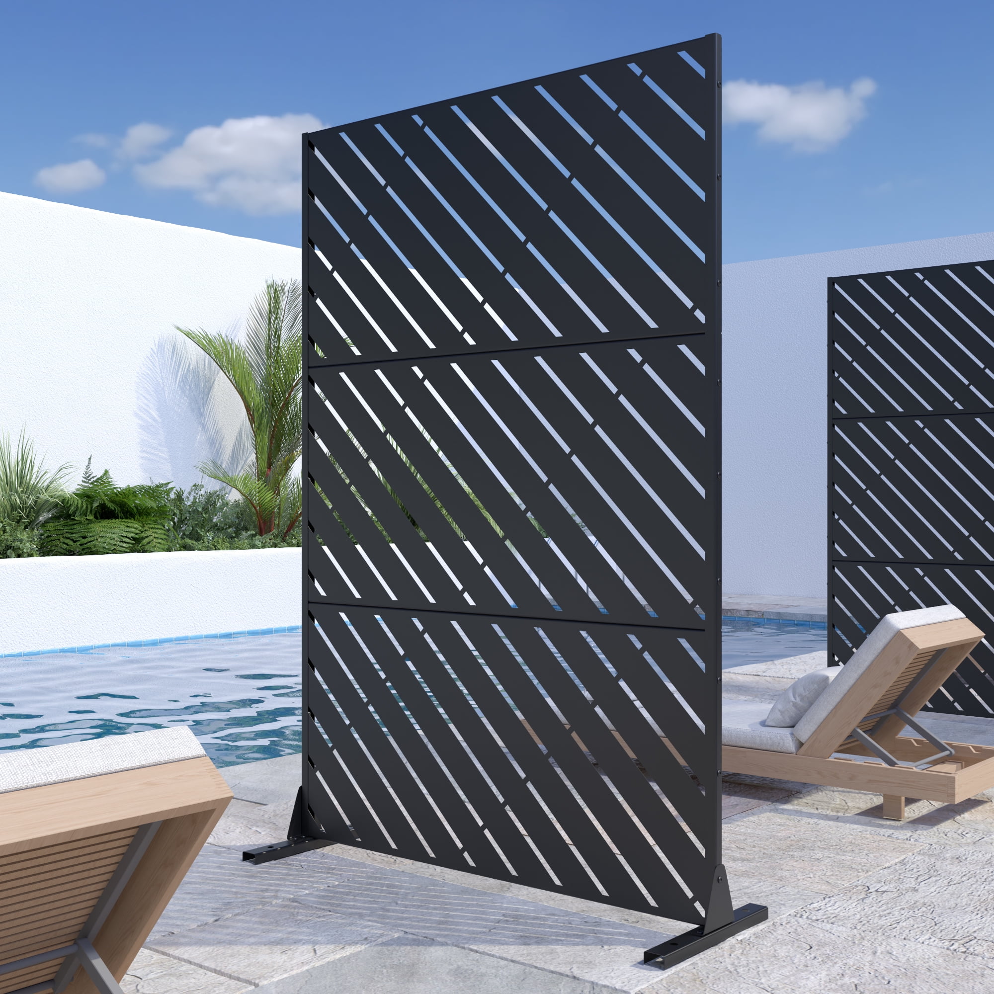 Dovelina 72"x47" Outdoor Privacy Screen with Stand Bernard Metal Balcony Decorative Screen,Black