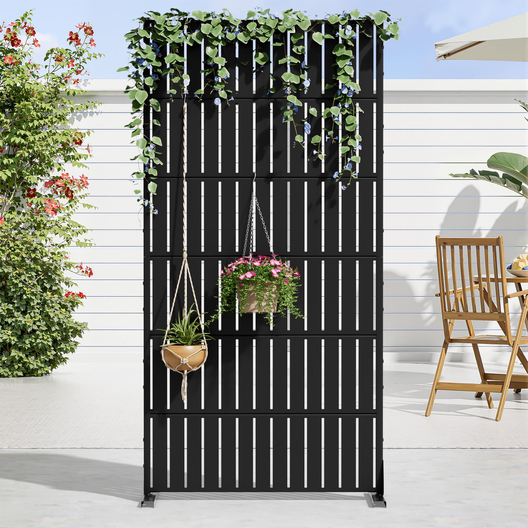 MAYEERTY 72 × 35in Outdoor Privacy Screen with Stand Metal Balcony Decorative Screen, Black