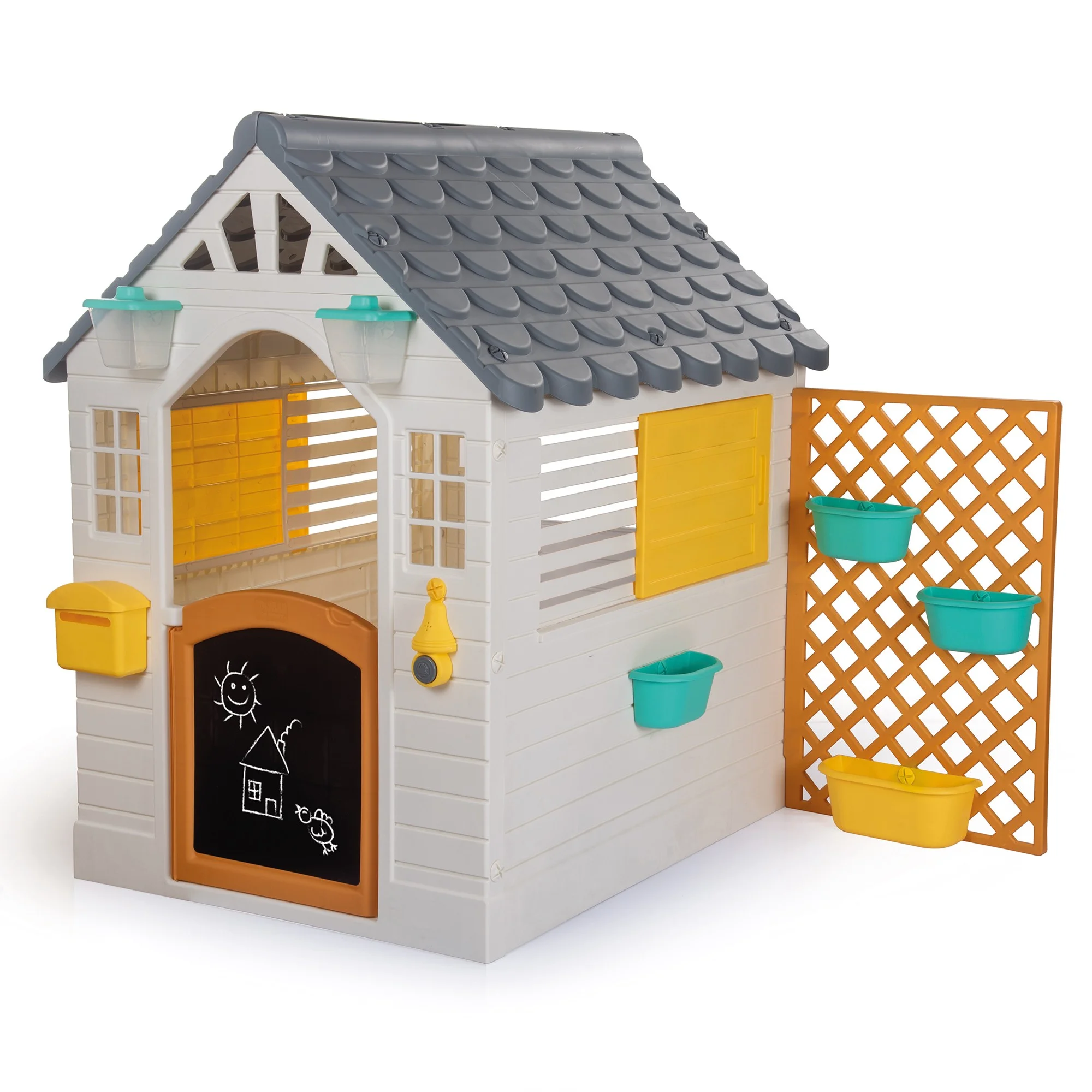 Dolu: Garden Playhouse With Fence - White-Grey-Yellow - Outdoor-Indoor Toy, Chalkboard Door, Durable Charming Design, Easy Assembly, Kids-Toddlers 2+
