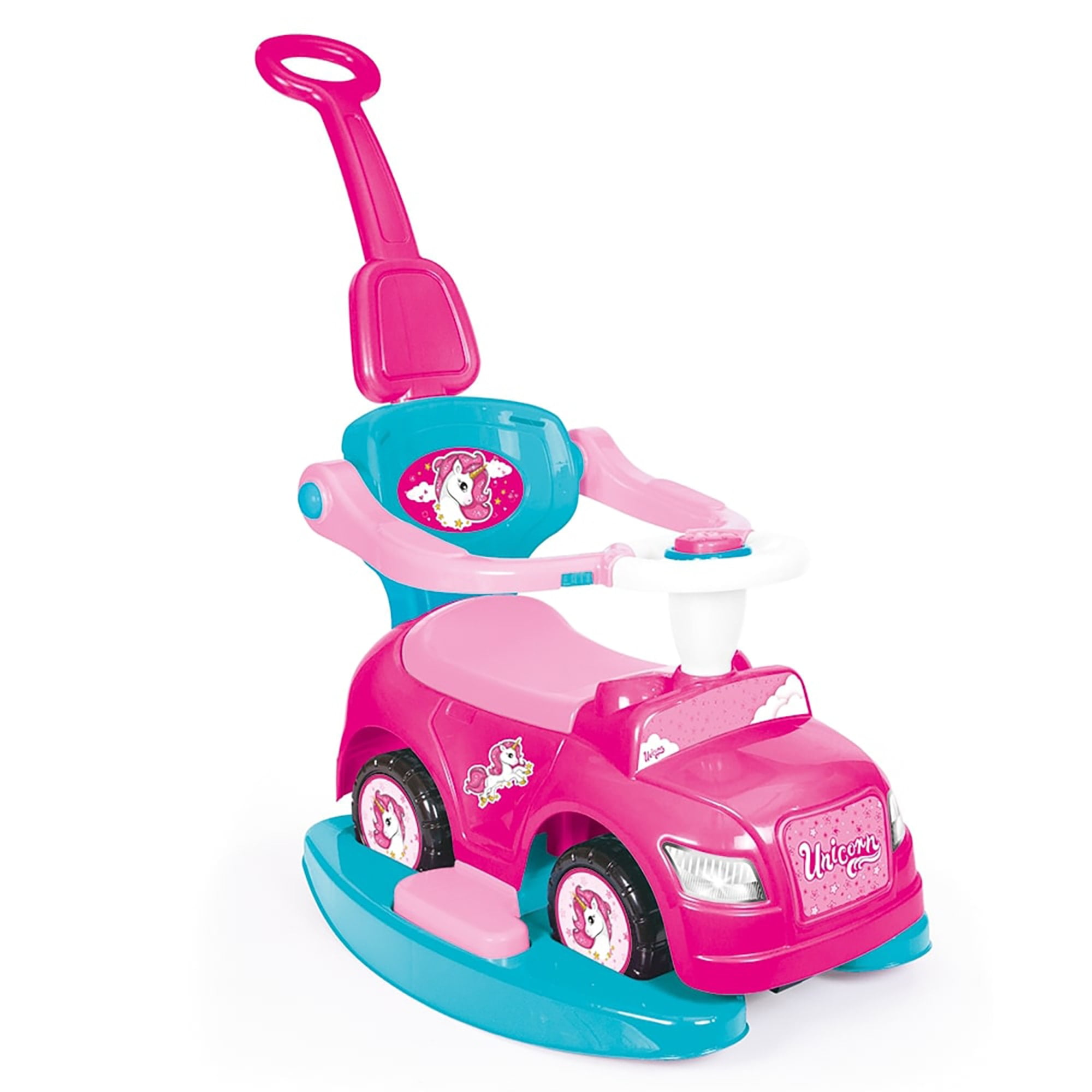 Dolu: Ride On Car: 4-In-1 Walk & Drive - Unicorn & Pink - Walk-Ride-Rock-Drive, Foot-To-Floor, Parent Handle, Indoor & Outdoor Toy, Toddler Ages 12mo+