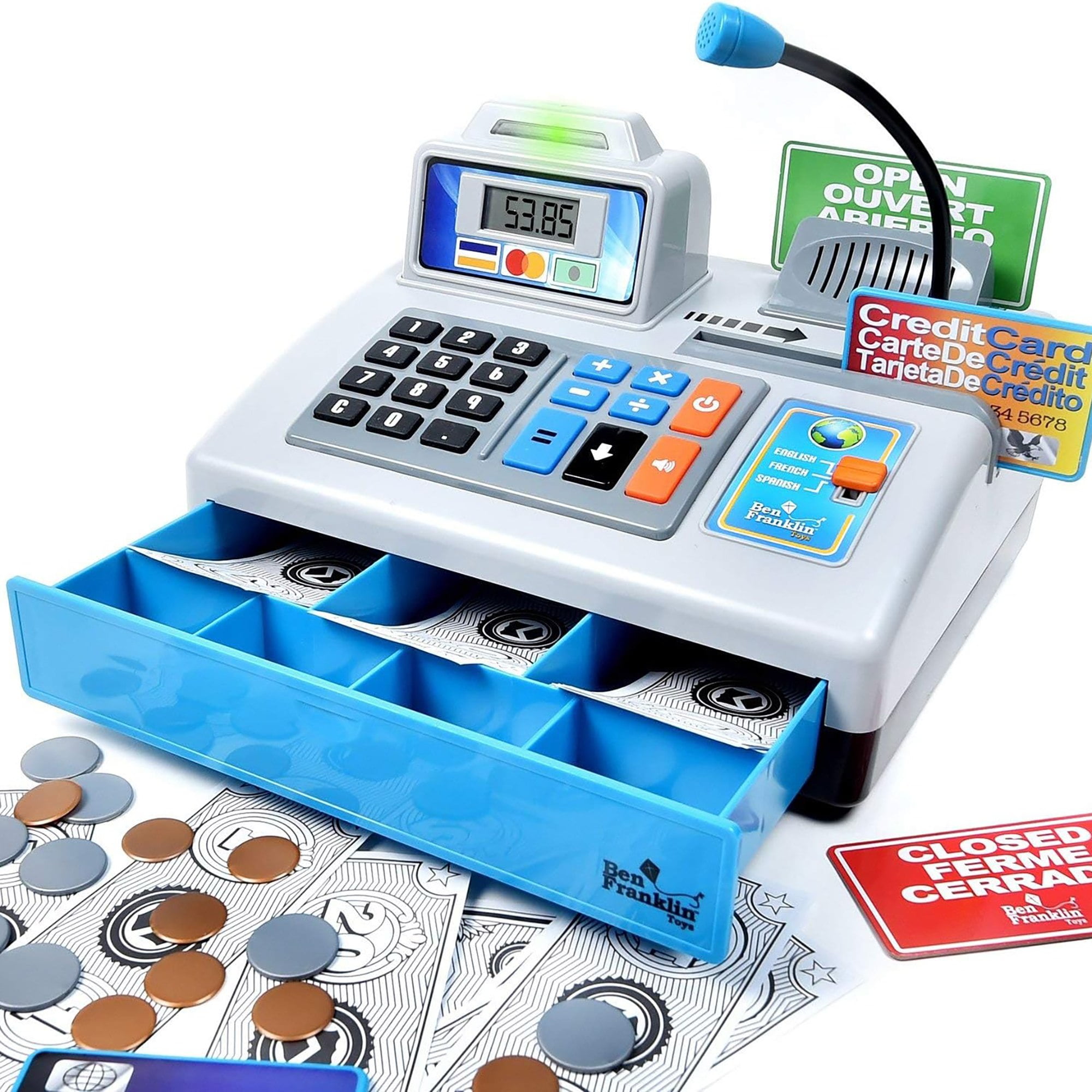 Dr. STEM: Talking Toy Cash Register - Silver - 69pc Store Roleplay Toy, Speaks 3 Languages, Microphone, Play Money & Cards, Ben Franklin Toys, Kids 3+