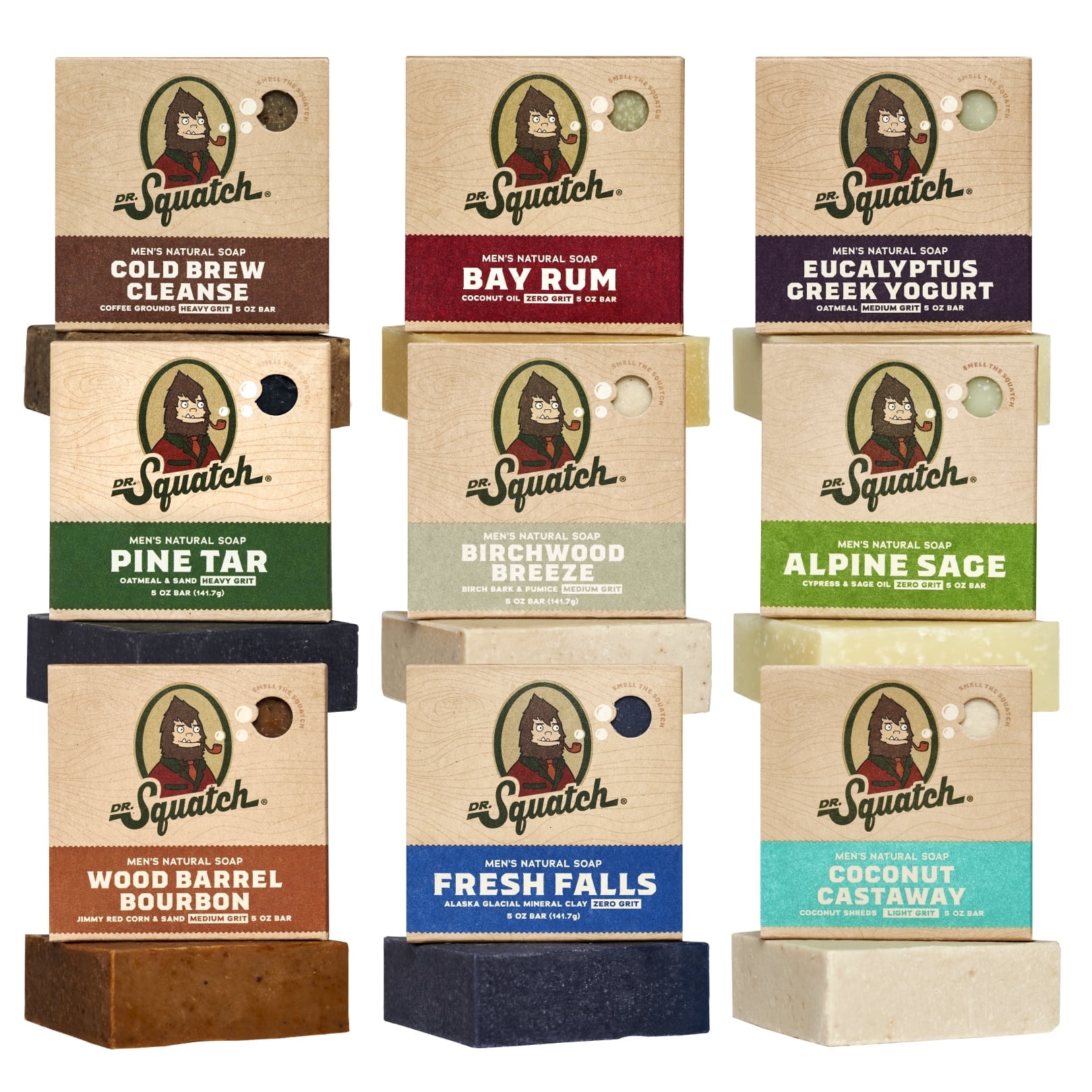 Dr. Squatch Bar Soap for Men - Cold Process, No Harsh Chemicals - Pine Tar, Wood Barrel Bourbon, Cold Brew Cleanse, Birchwood Breeze, Bay Rum, Coconut Castaway, Alpine Sage, Fresh Falls (5 oz, 9 Pack)
